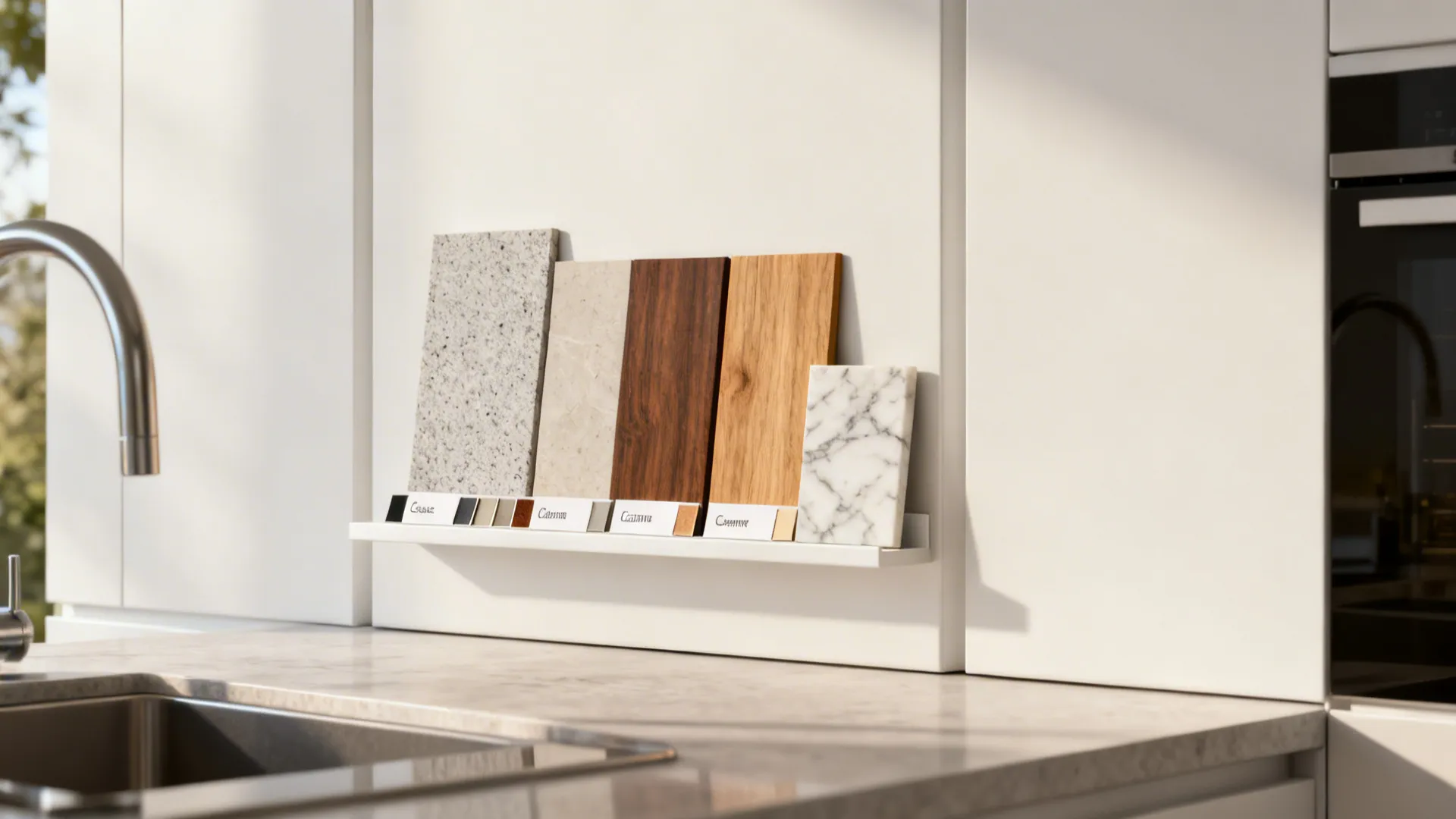 Material guide cards and small countertop samples with white cabinets in the background illustrating FAQ options.
