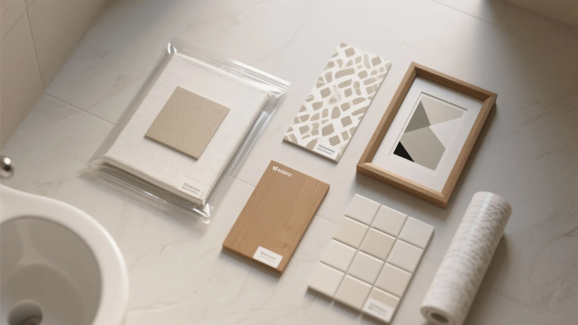 Interior design material samples including wood tiles fabric and framed art on a marble floor