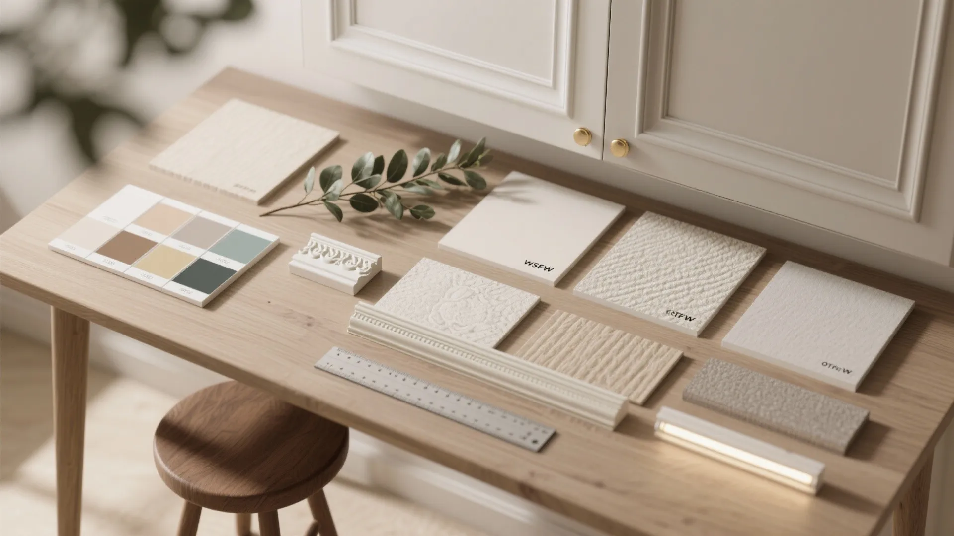 Flatlay of paint swatches, molding sample, LED strip and faux greenery for planning above-cabinet treatments