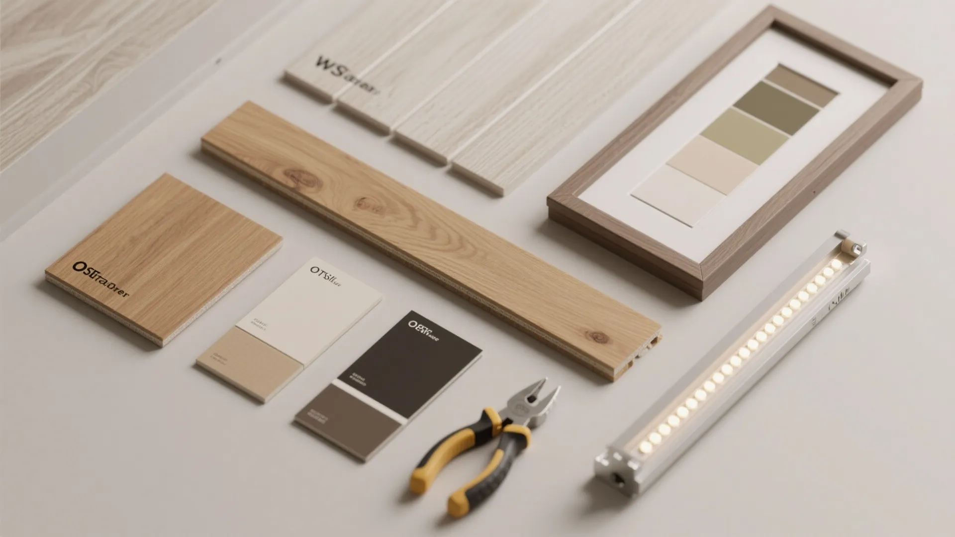 Flatlay of panelling materials including MDF, timber samples, paint swatches, and LED strip.