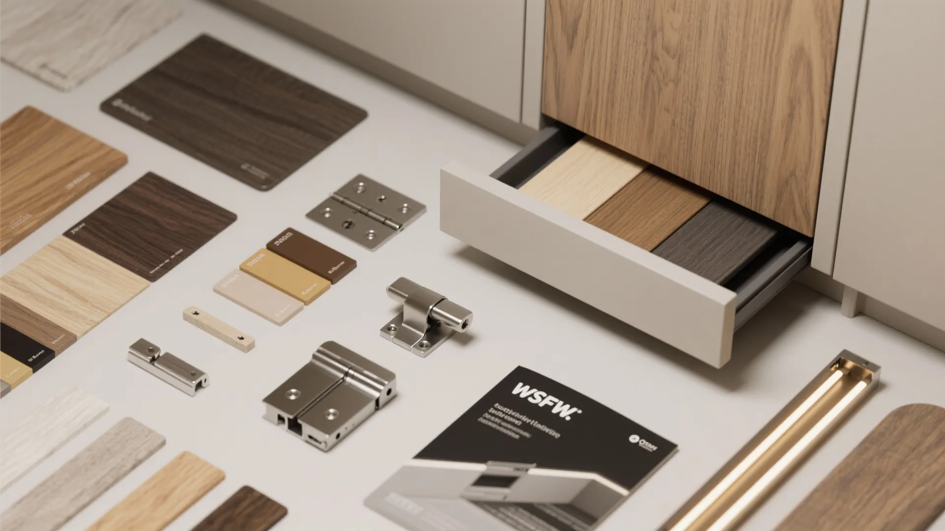 Collection of wood floor samples and metal door hinges displayed on a white studio surface