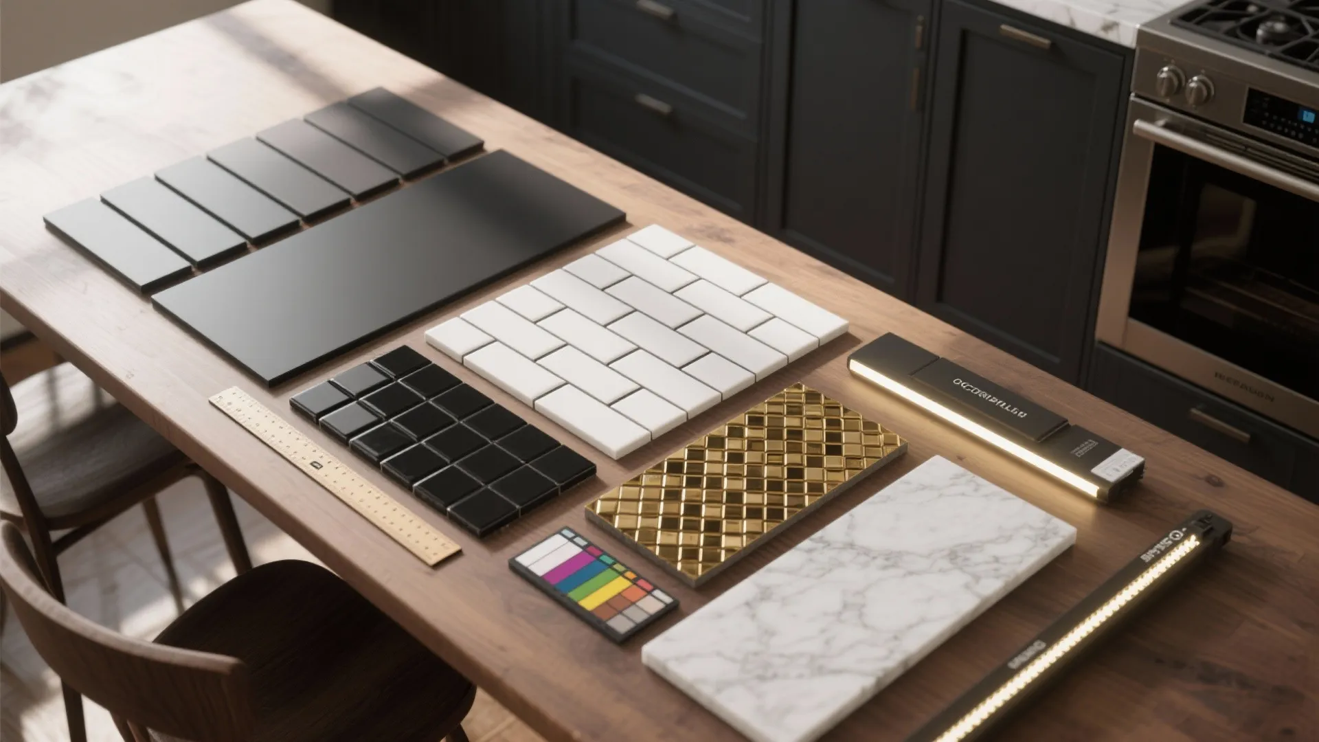 Flatlay of backsplash and cabinet material samples including tiles, marble, brass mosaic, and lighting sample.
