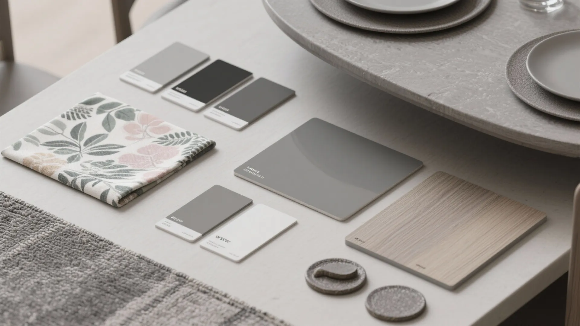 Flatlay of grey paint swatches, wood veneer and fabric samples for styling a grey dining table.