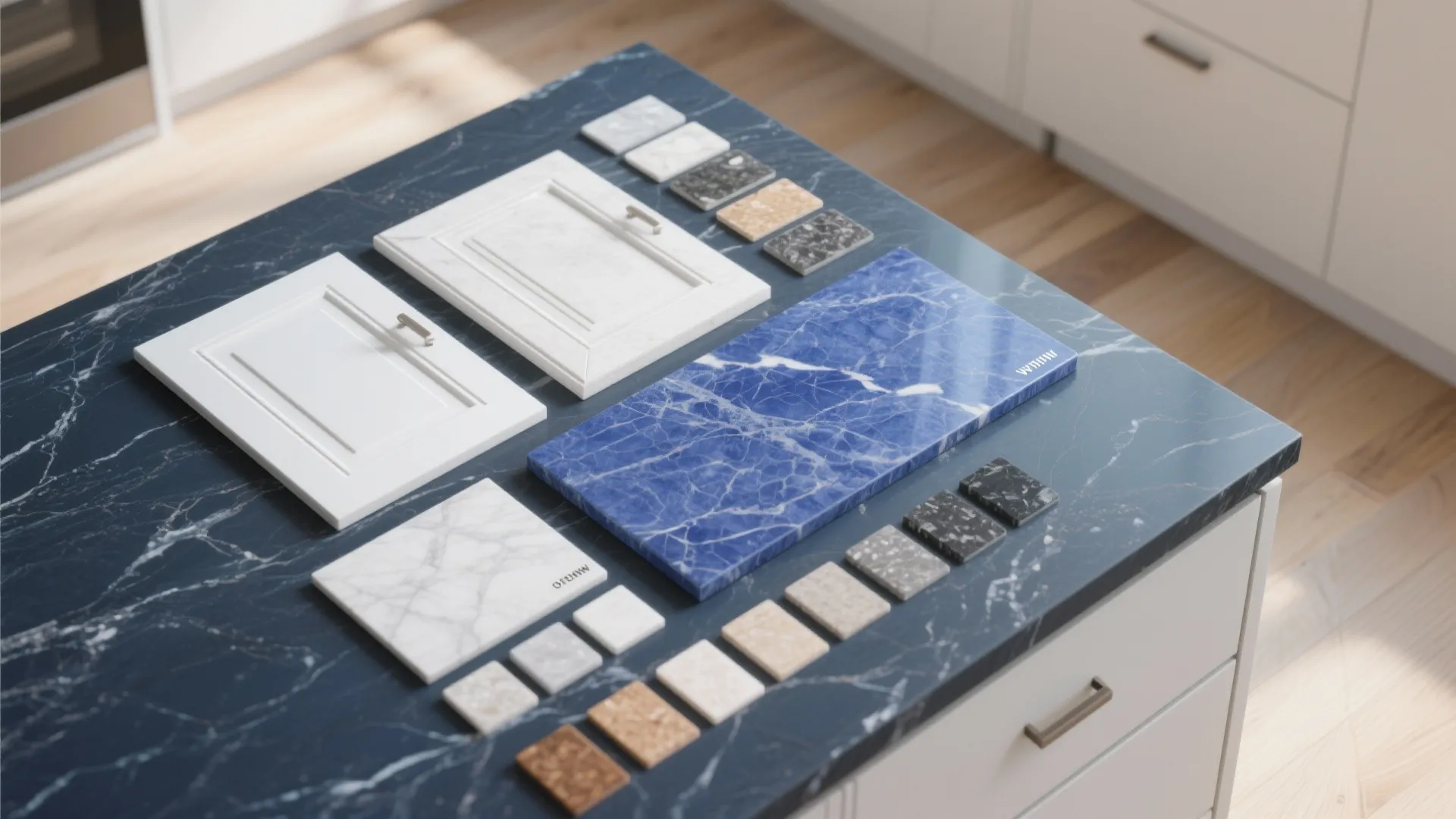 Flatlay of blue countertop material samples with white cabinet door and flooring swatches for comparison.
