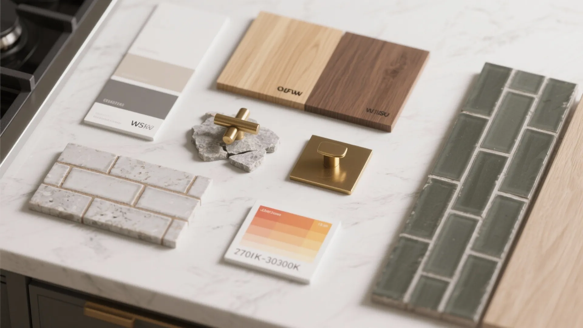 Flatlay of paint, wood, hardware, tile and lighting samples for kitchen design.