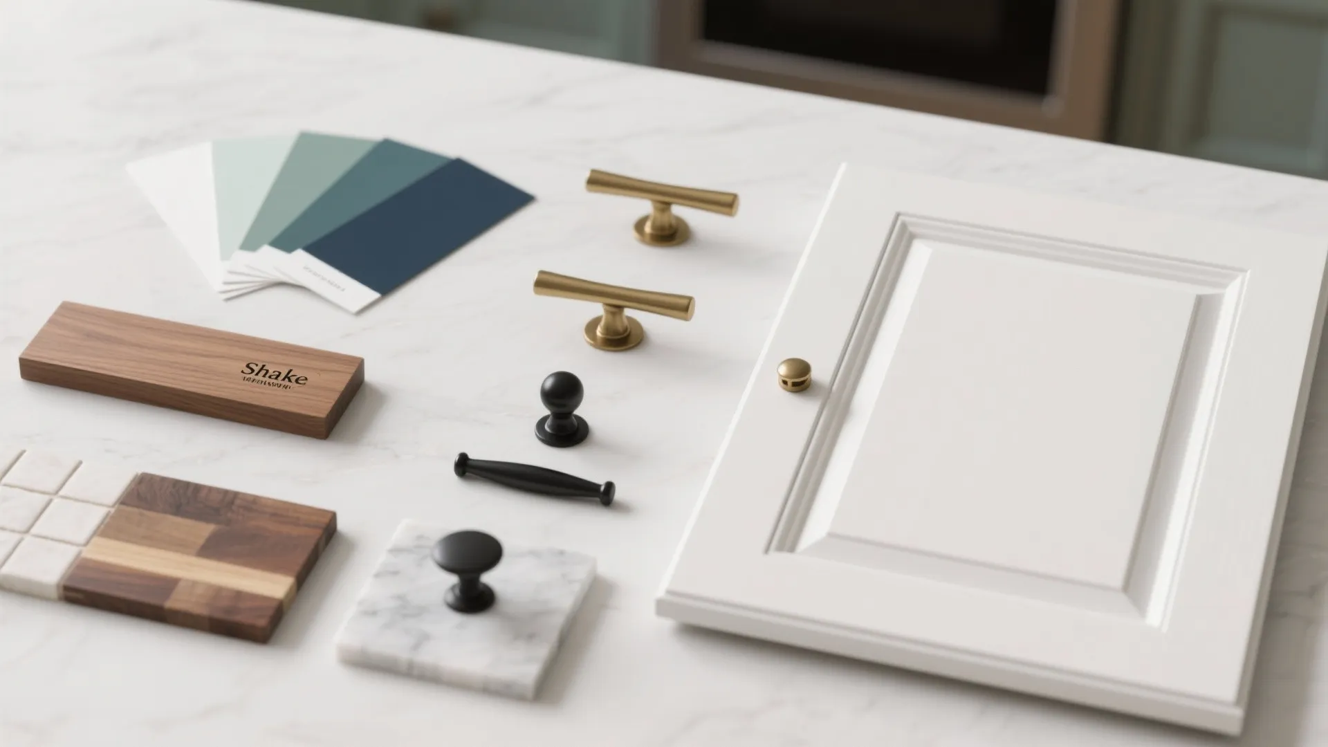 Flatlay of materials: paint swatches, wood sample, hardware, and countertop samples for Shaker kitchens
