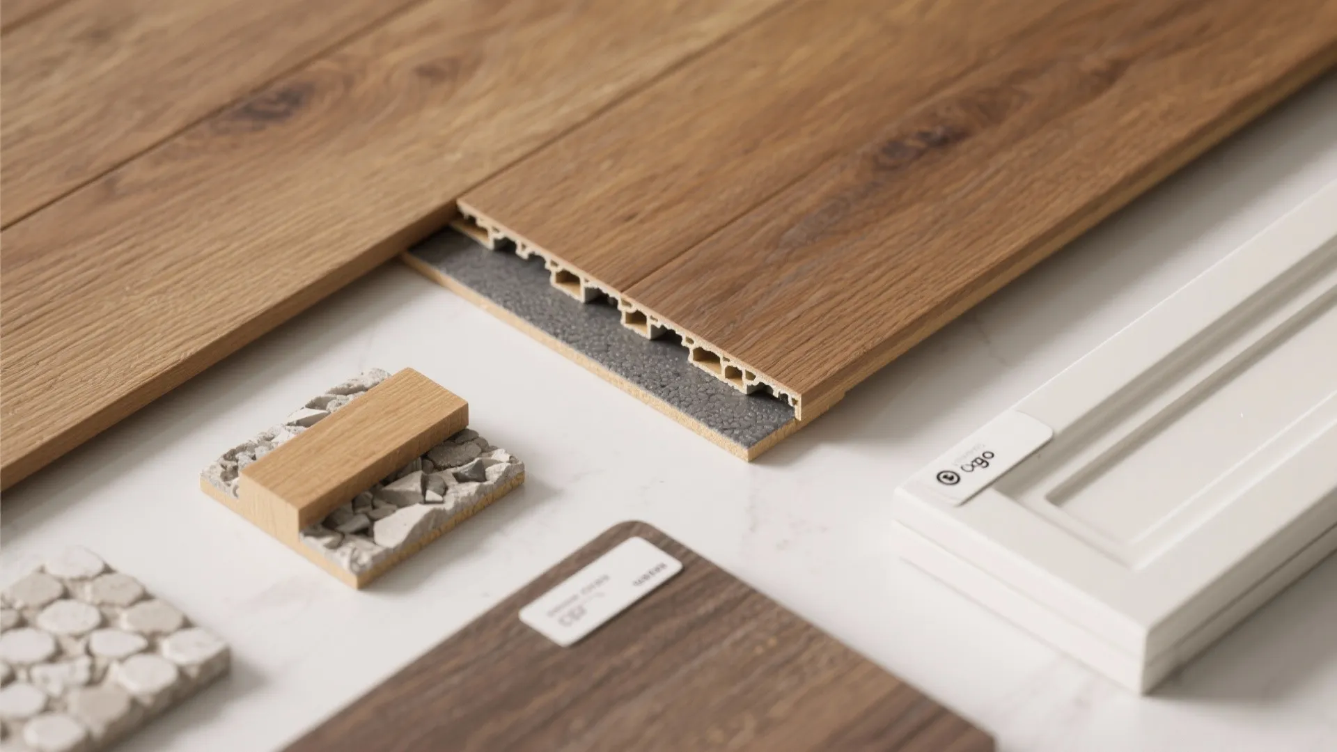 Interior design material samples showing wood flooring planks and stone tiles on a white table
