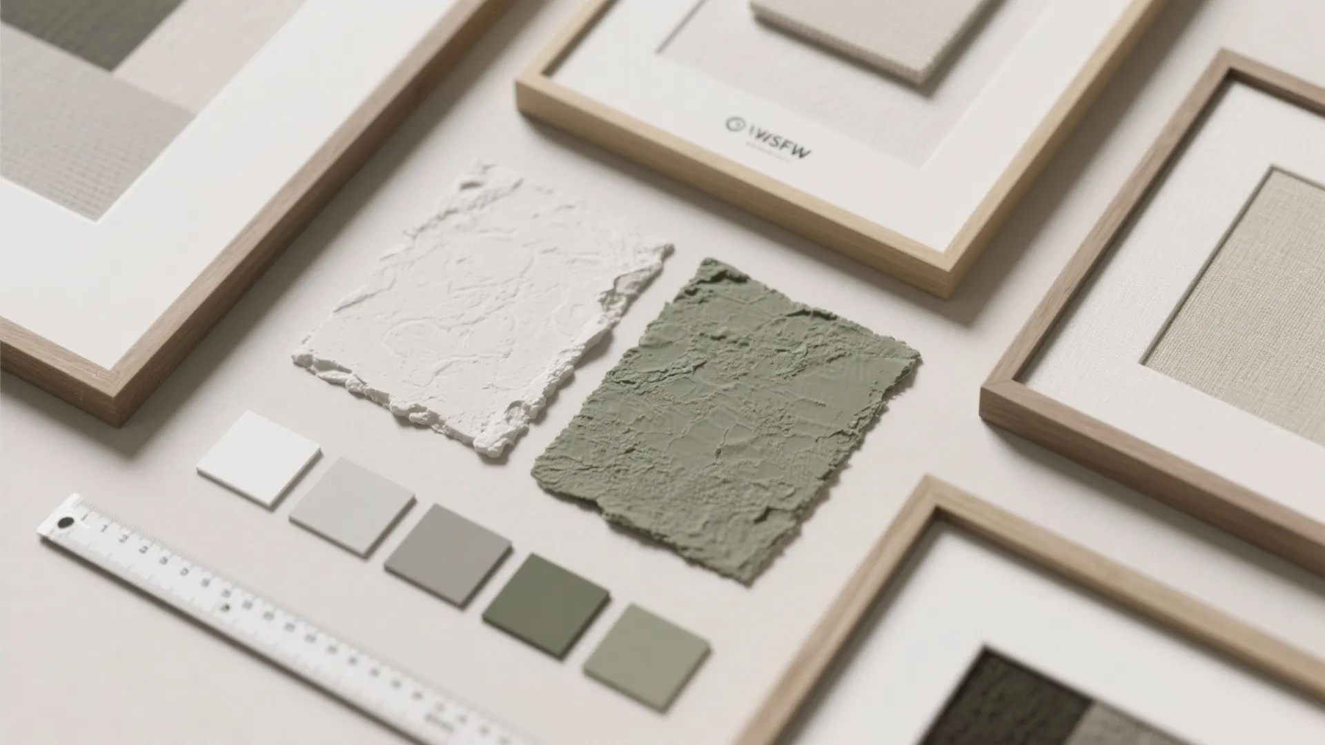 Interior design material samples with textured plaster blocks color swatches wooden frames and white ruler