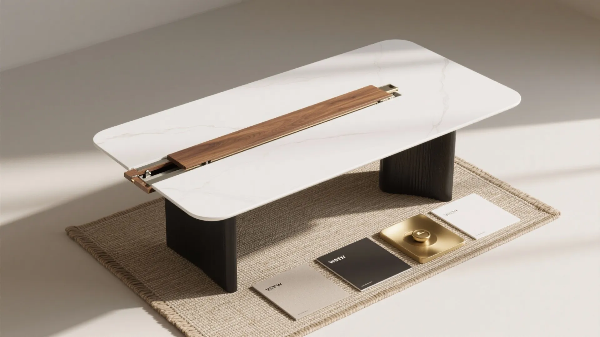 White marble dining table with wood detail sitting on rug with various modern material samples
