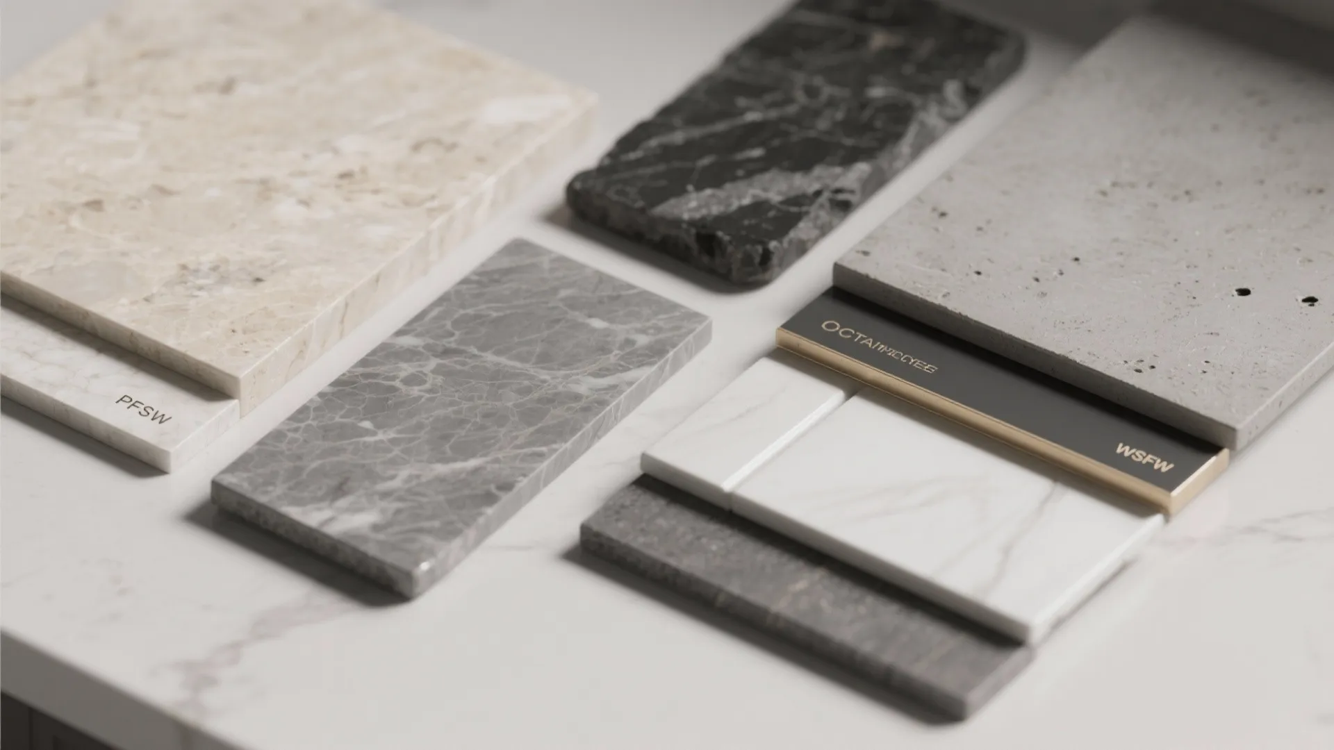 Various interior design material samples including marble tiles stone pieces and metal trim on table