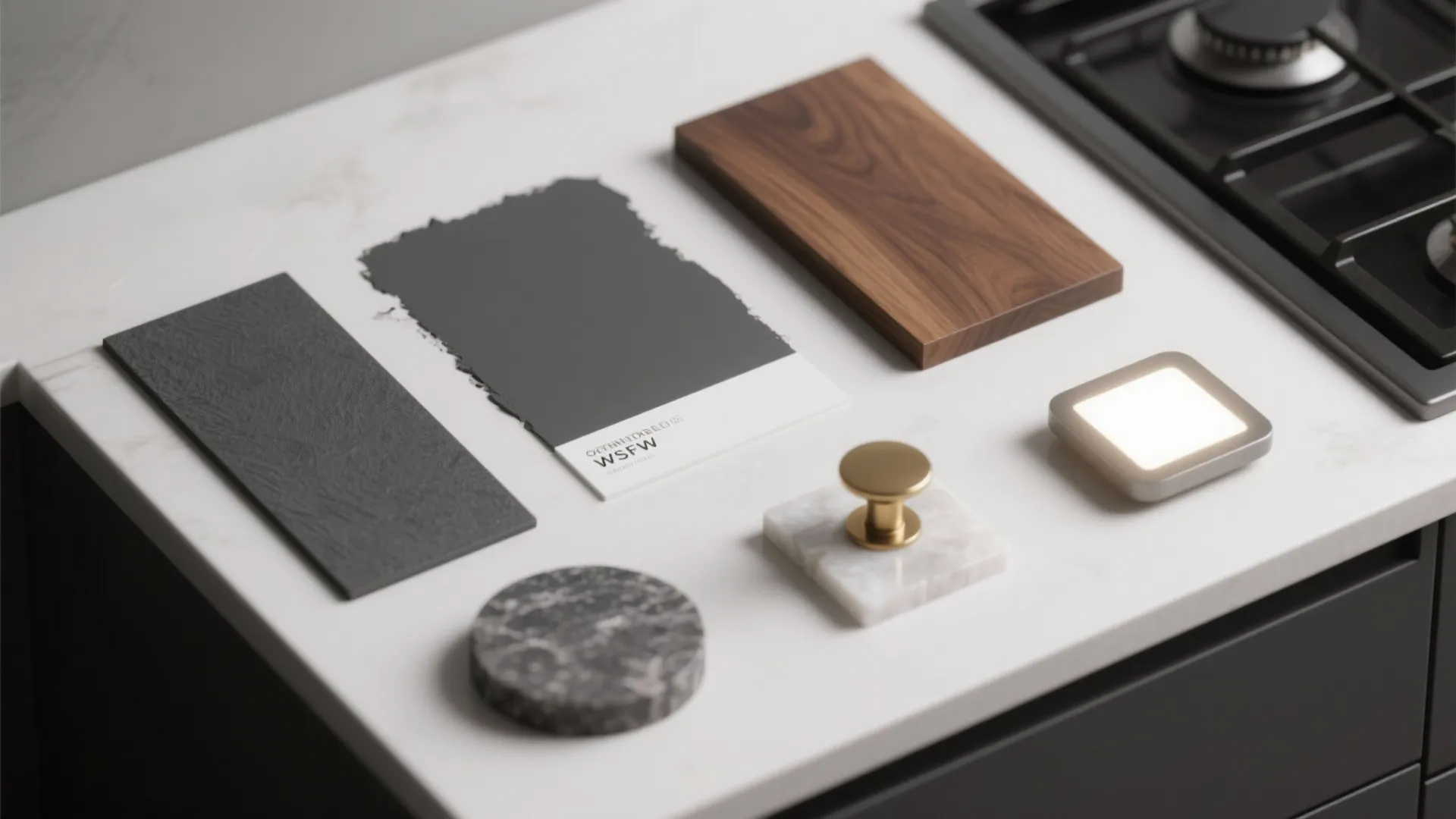 Flatlay of paint, wood, quartz and brass samples for a dark grey kitchen palette