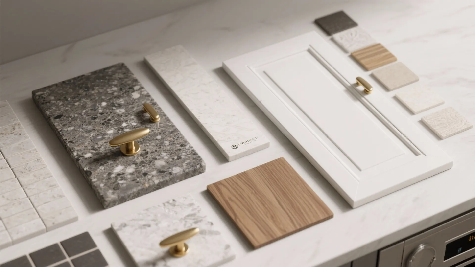 Top-down flatlay of cabinet, granite, hardware and tile samples for material selection.