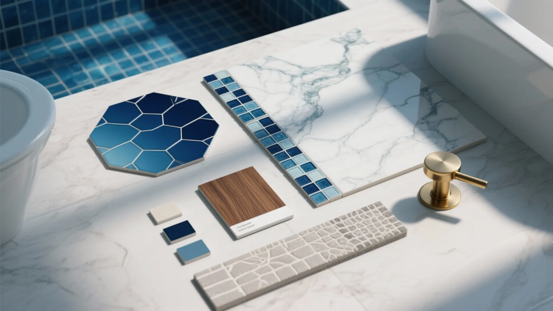 Flat lay of interior design material samples including blue tiles wood piece and marble surface