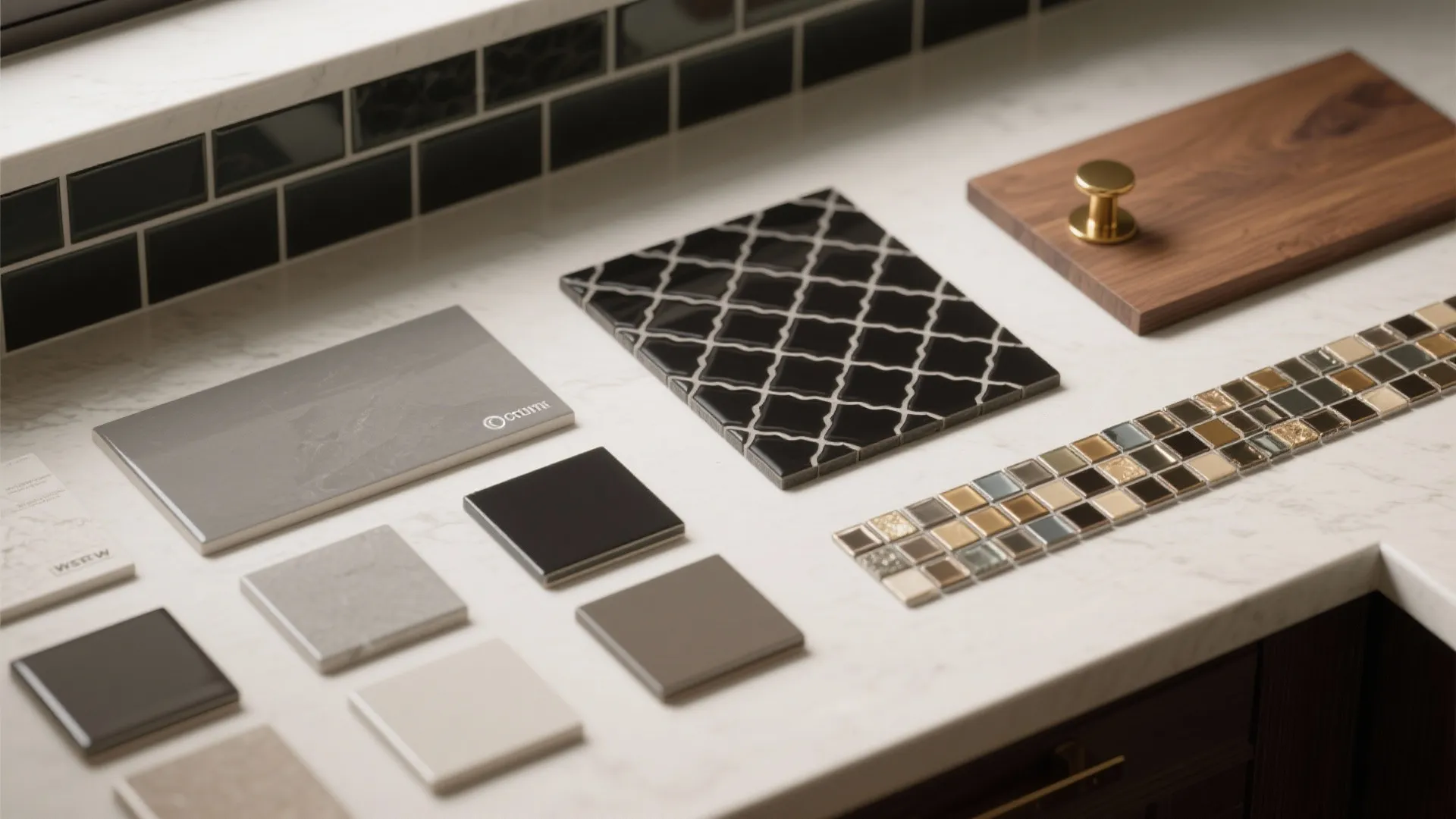 Flatlay of tile and material samples including glossy and matte black tiles, grout chips, wood and brass samples