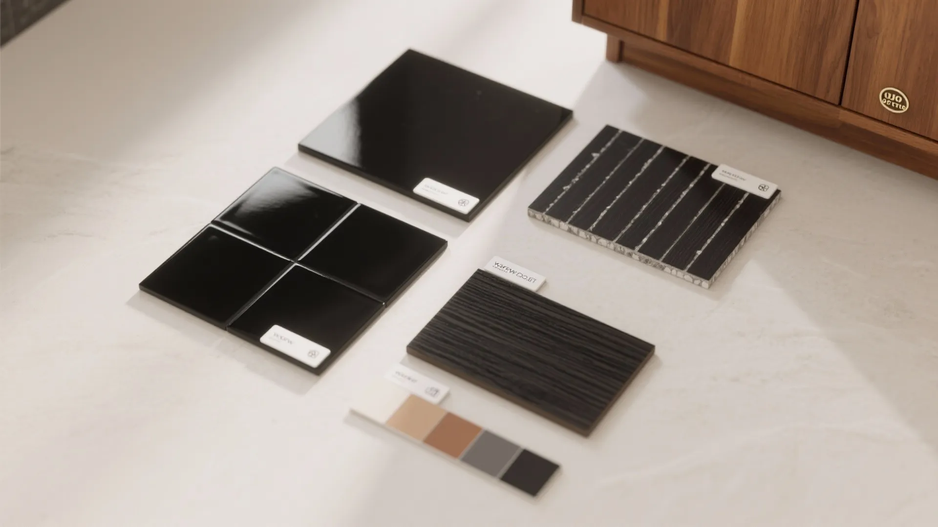 Interior design material samples including black tiles dark wood pieces and color palette on white surface