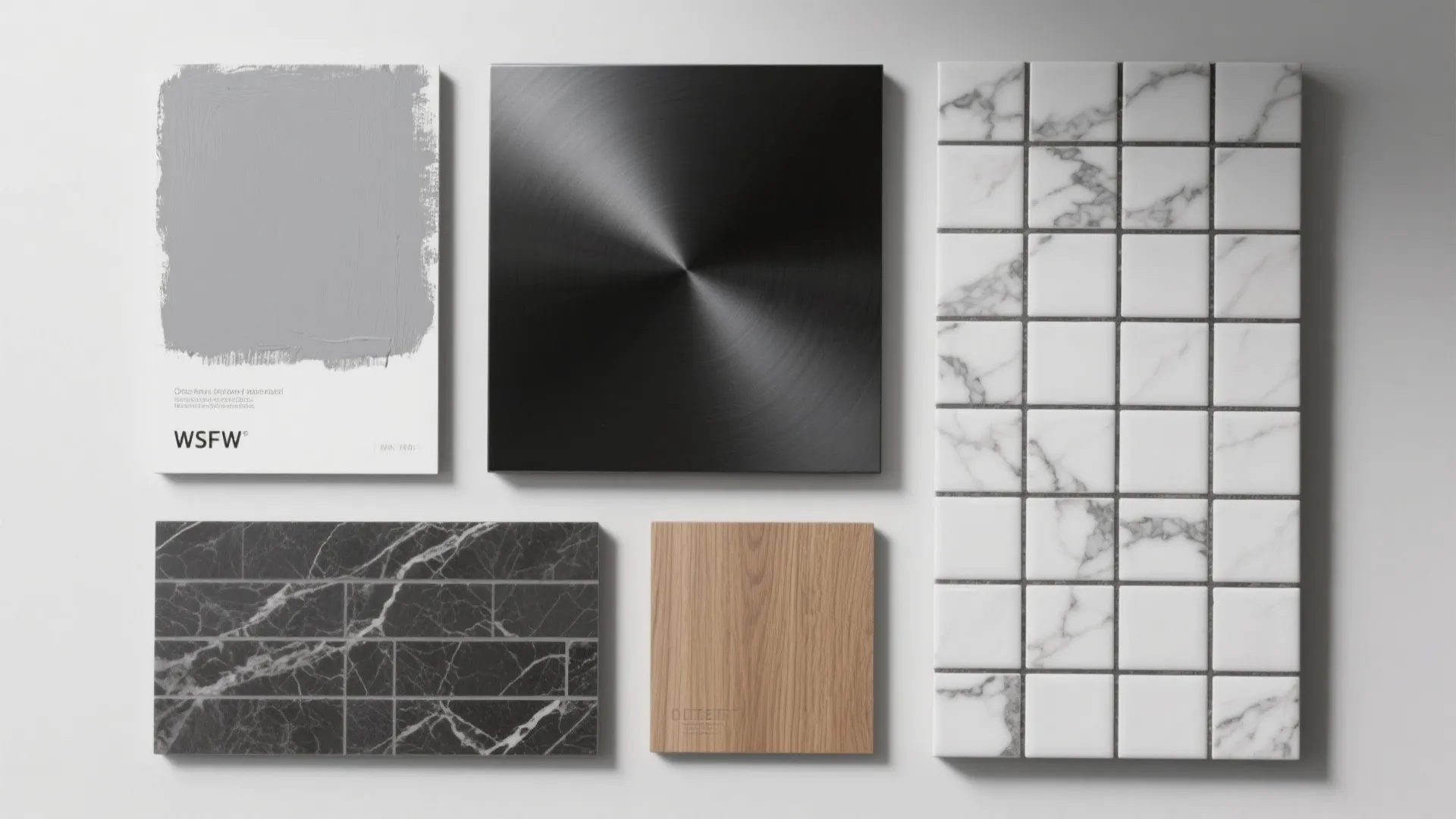 Interior design material samples including grey paint black metal wood board and various marble tiles