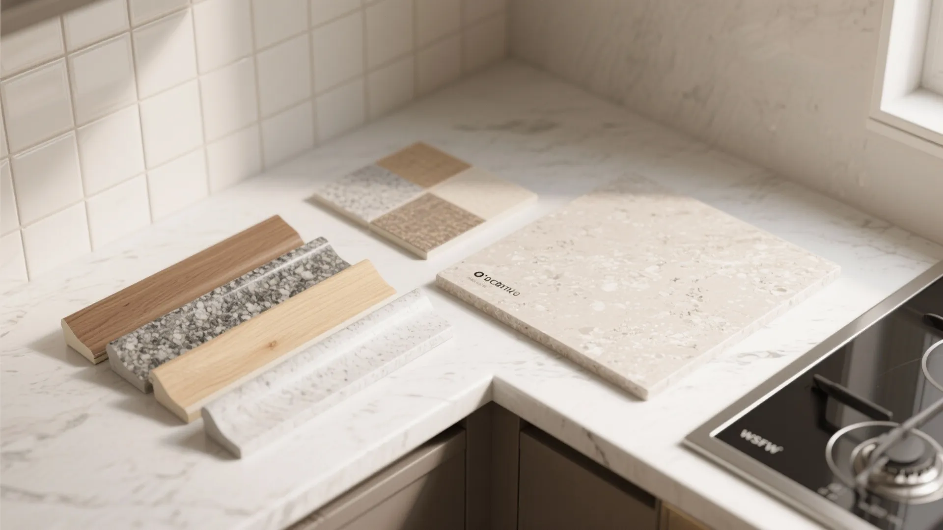 Selection of stone and wood material samples placed on a white marble kitchen countertop surface
