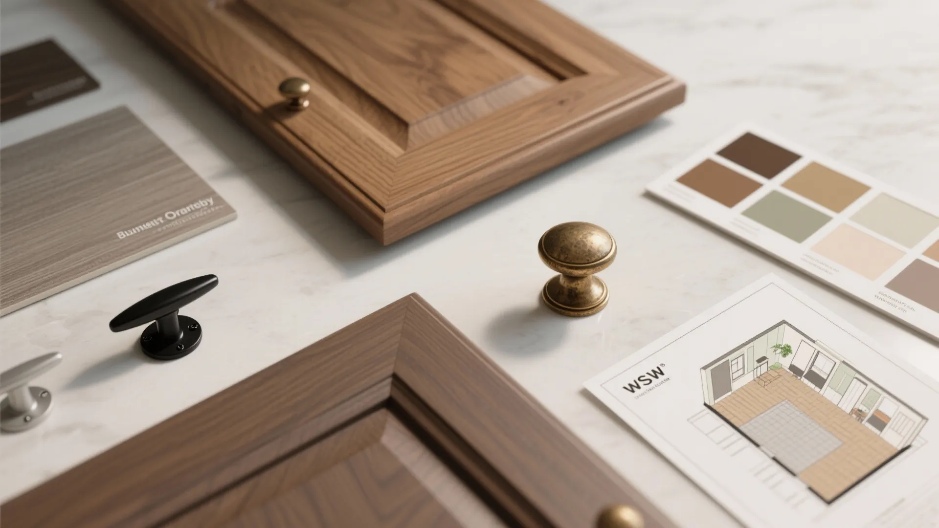 Flatlay of wood and veneer samples, hardware, and paint swatches for kitchen cabinet planning
