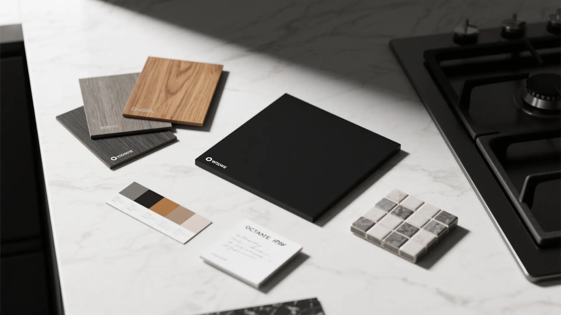 Interior design material samples with wood pieces, color palette, and tiles on a white countertop