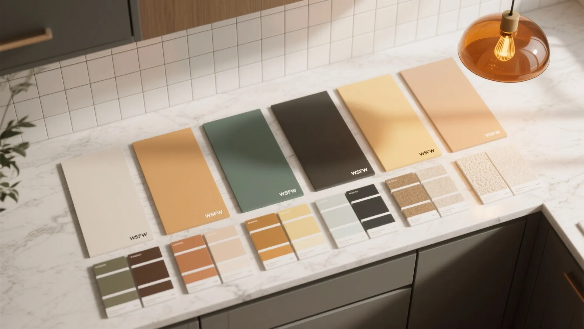 Top-down flatlay of paint panels, countertop and backsplash samples with a pendant light sample