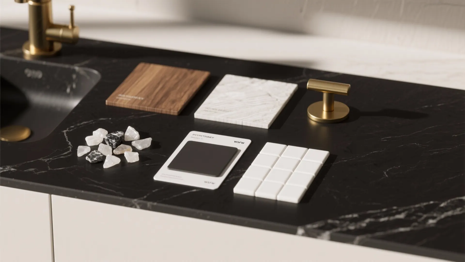 Material flatlay with quartz, wood, brass and tile samples for planning a black countertop bathroom.