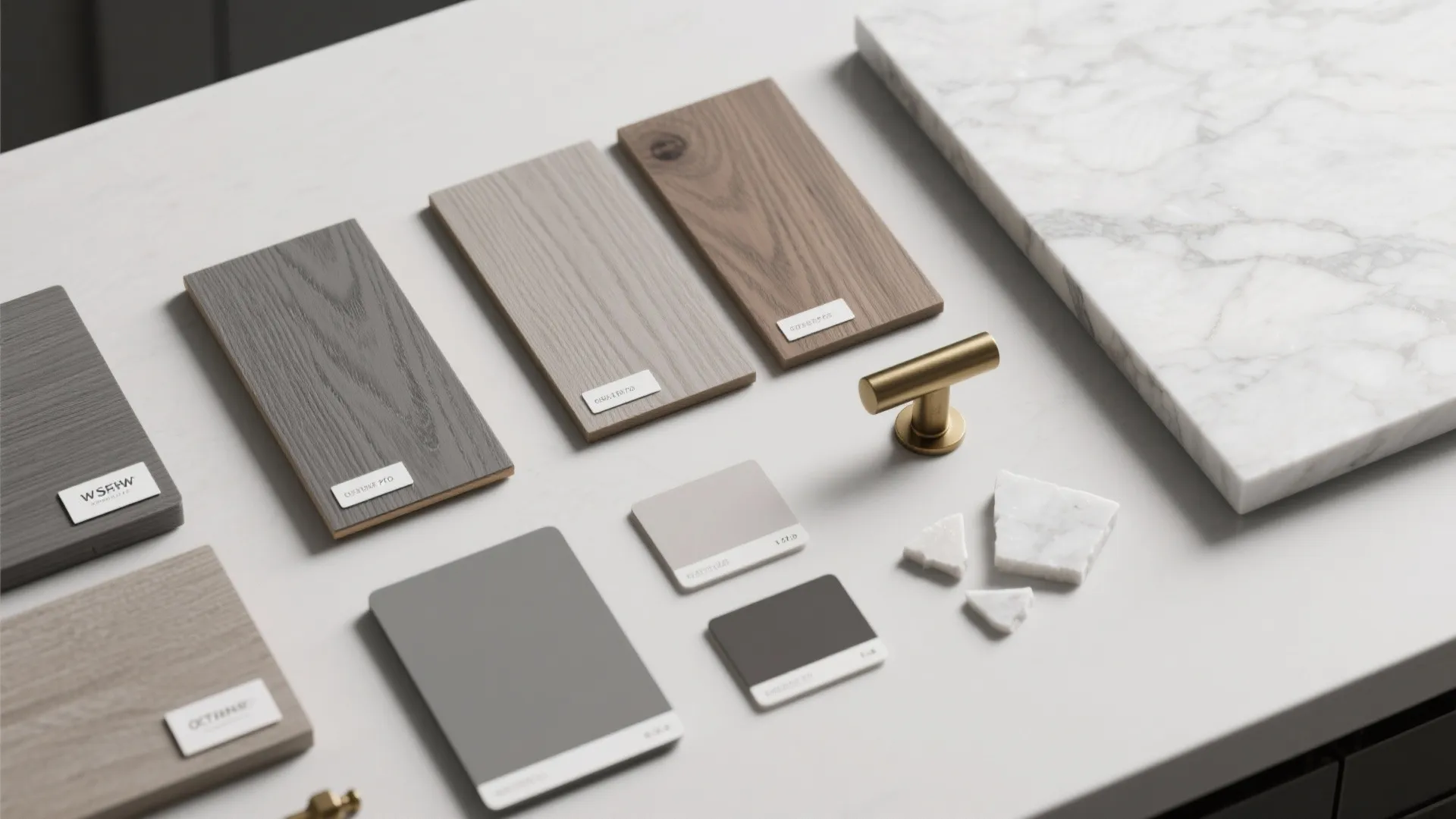 Interior design material samples with wood boards marble tile gold handle and grey color cards