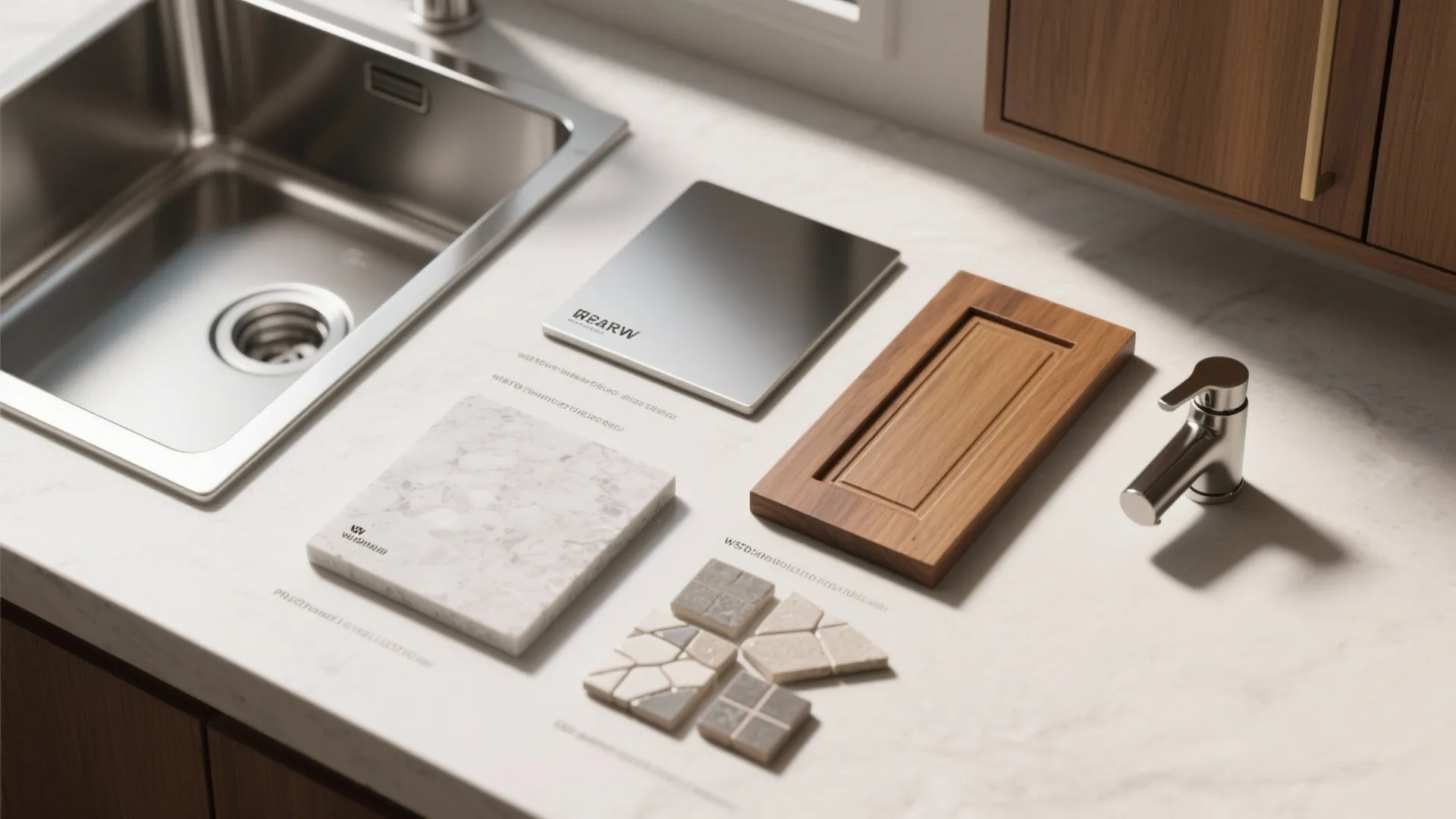 Kitchen material samples including wood panel marble stone tiles and metal plate on white countertop