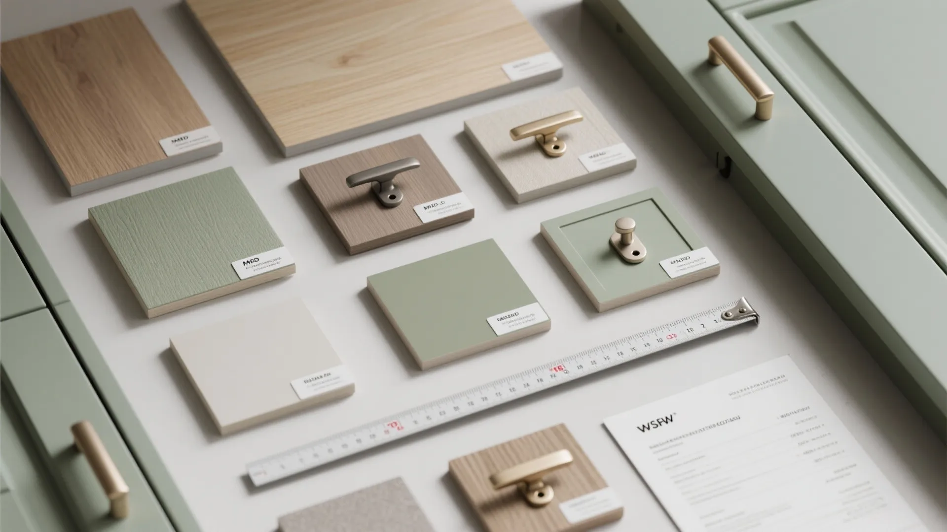 Collection of green and wood material samples with cabinet handles and a metal measuring ruler