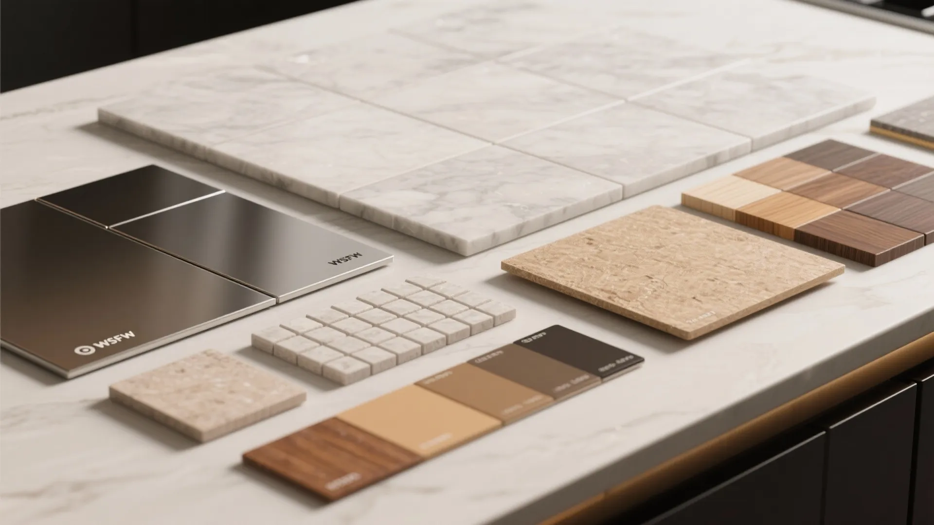 Variety of interior design material samples including marble tiles and wood swatches on white surface