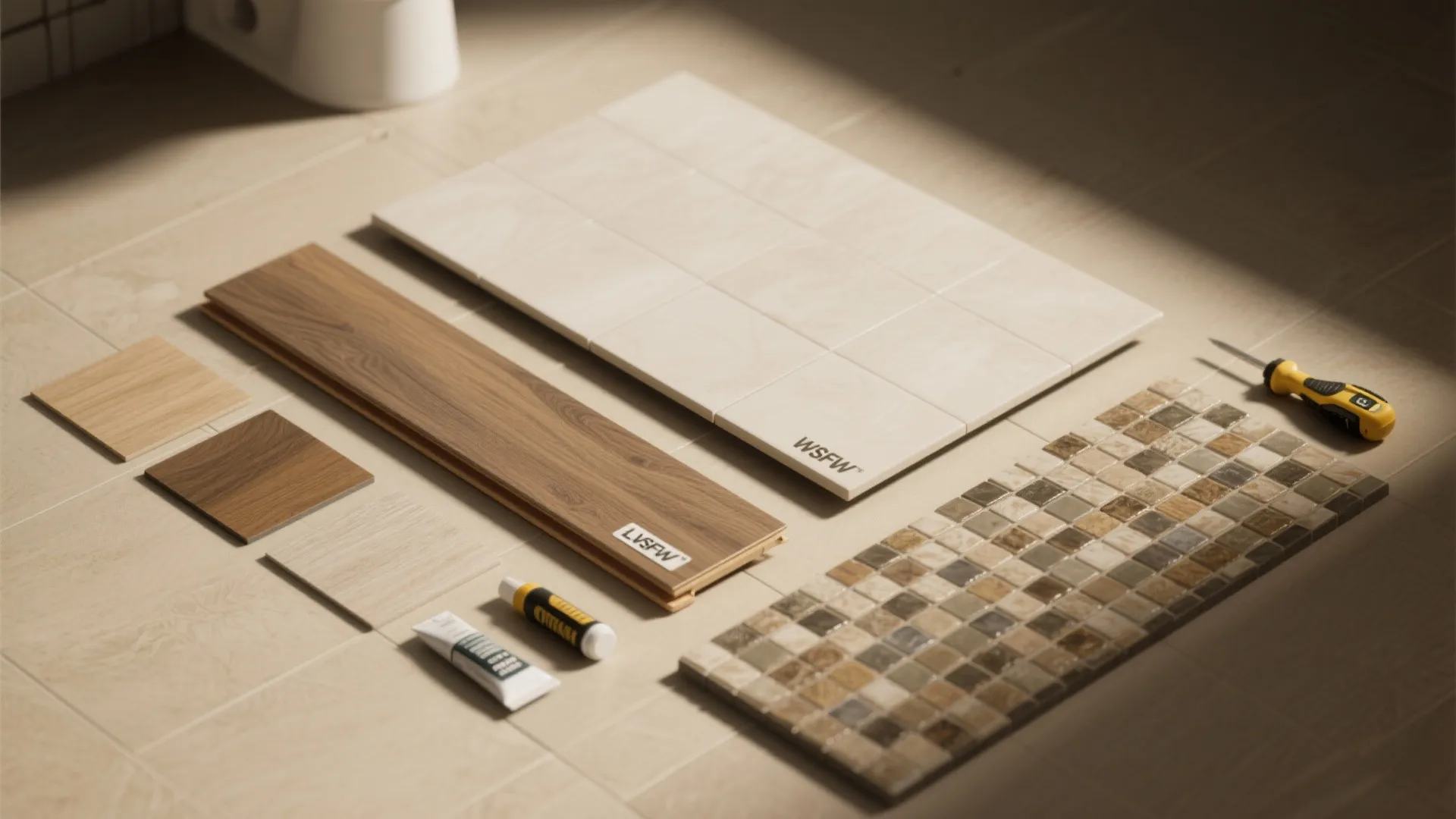Material samples including wood flooring white floor tiles mosaic tiles tools and glue on floor