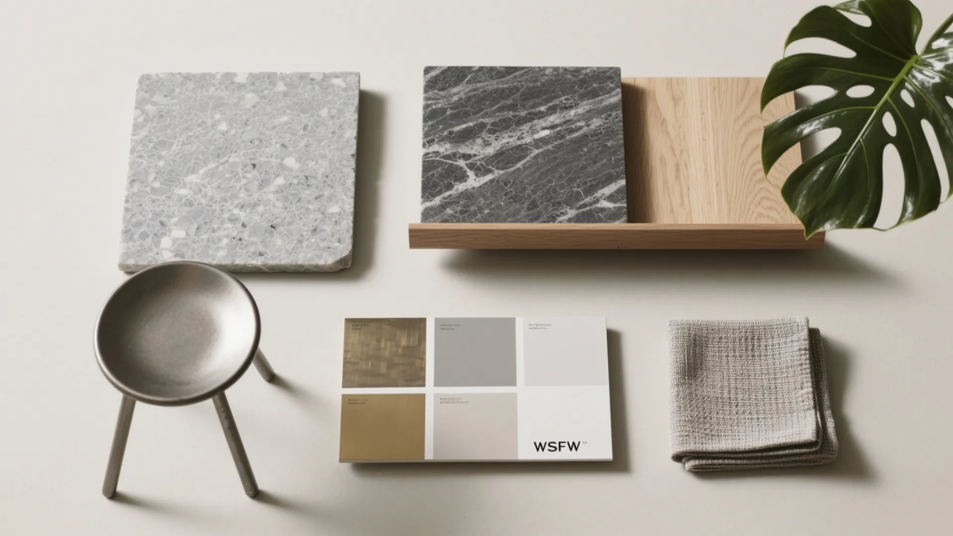 Interior design material samples including marble stone wood panel color palette fabric and green plant leaf