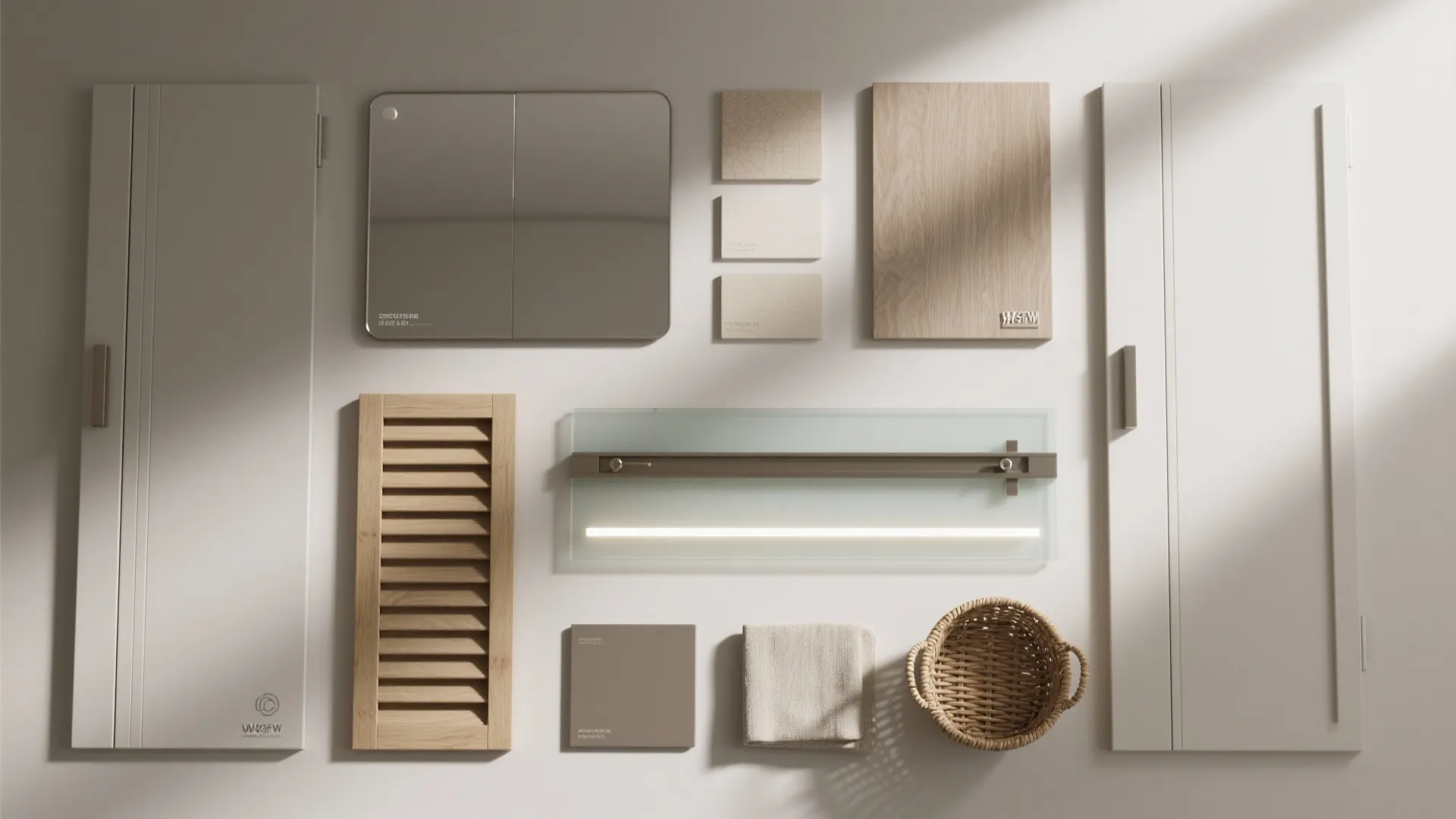 Flatlay of cabinet door material samples including paint, mirror, louvered wood, frosted glass and hardware.