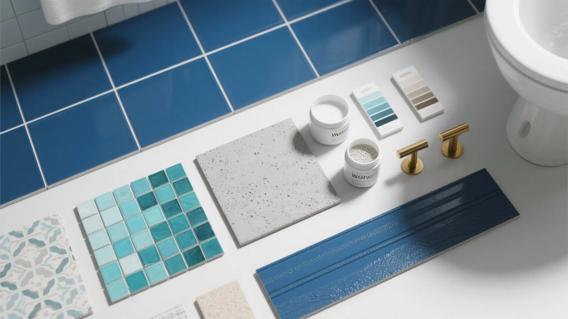 Overhead flatlay of porcelain, hex, mosaic, cement and vinyl samples plus grout and sealer for blue bathroom floors.