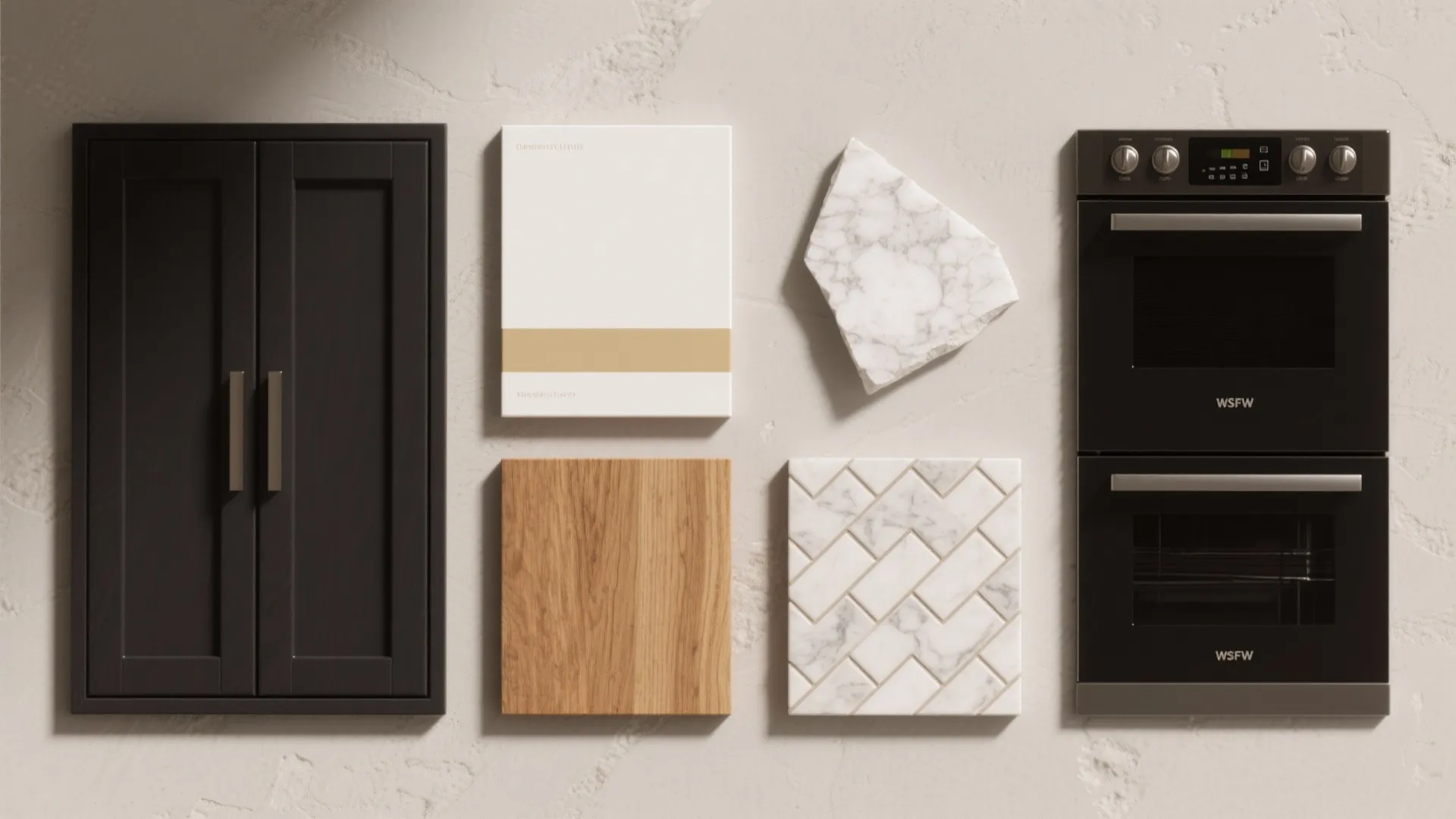 Kitchen material samples showing dark cabinet door white tile wood block marble and black oven