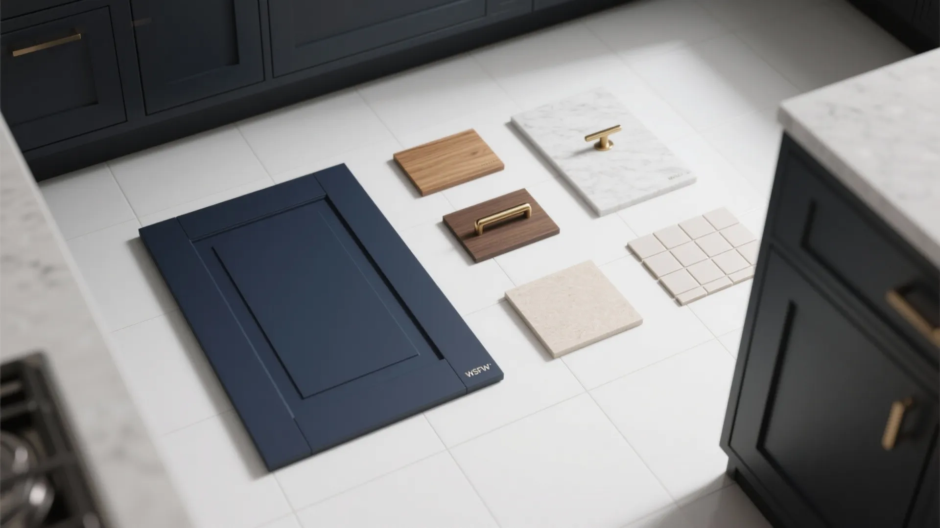 Kitchen material samples on floor with blue cabinet door wood marble stone tiles and handles