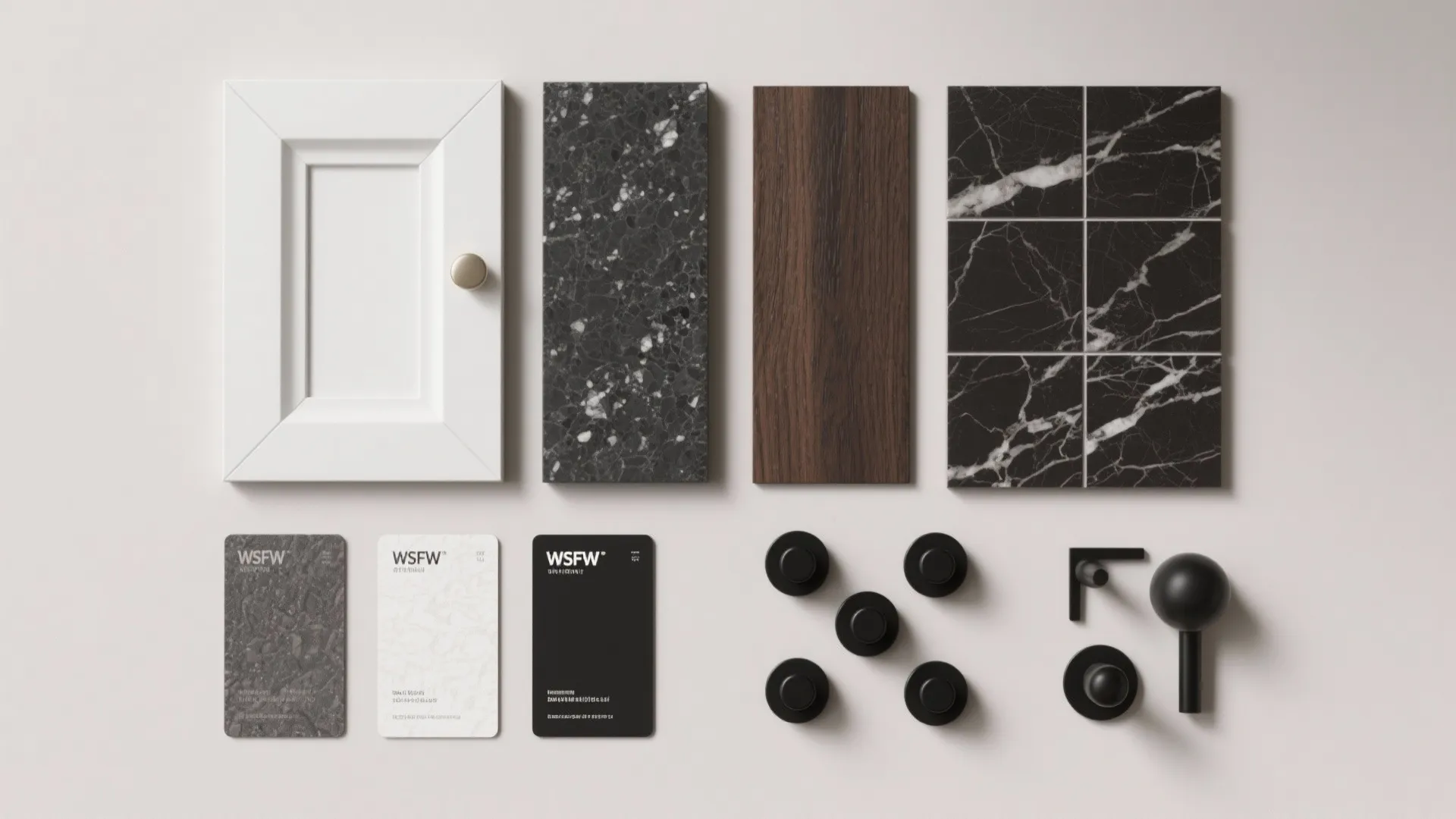 Flatlay of white cabinet, charcoal quartz, walnut, and matte black hardware samples for kitchen planning.