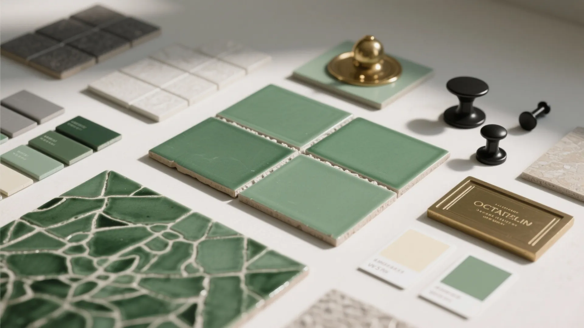 Flatlay of vintage green tile samples, grout chips, hardware and paint swatches