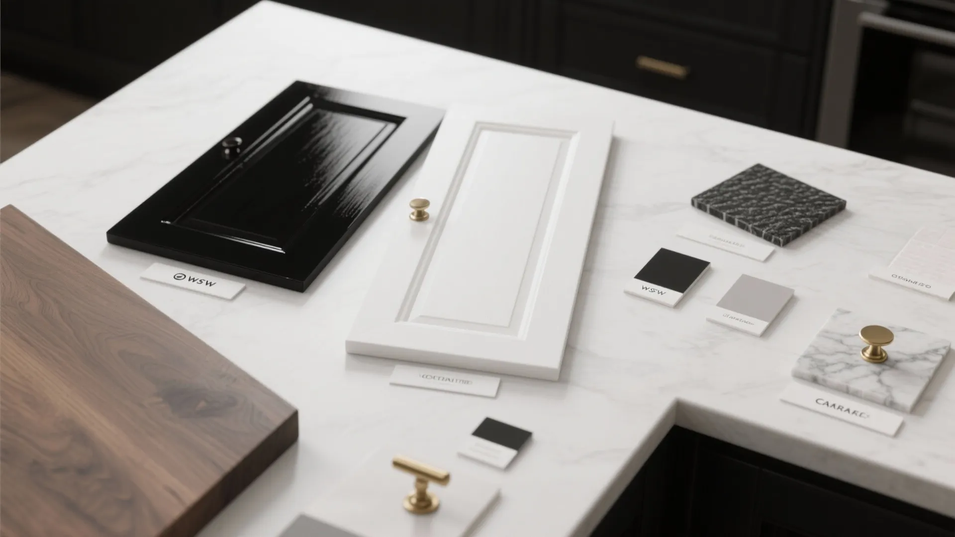 Flatlay of material samples including black and white paint swatches, wood and stone samples, and hardware.