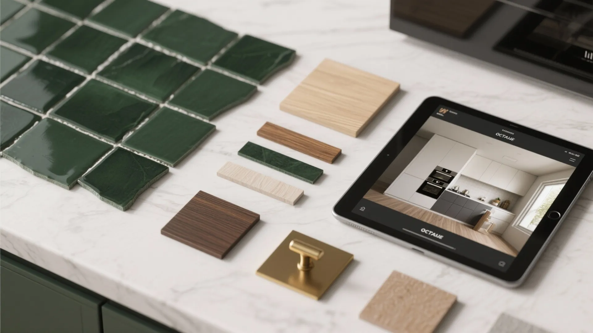 Green tiles wood samples and gold handle on marble surface next to a tablet screen