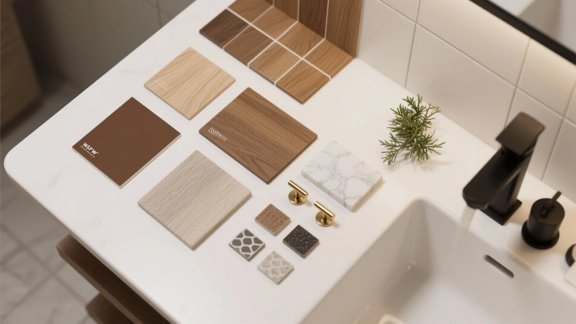 Flatlay of porcelain wood-look tiles, paint chips, quartz sample and hardware