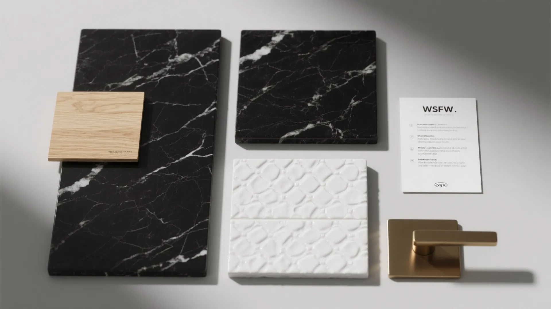 Interior design material board with black marble tiles wood sample white tile and gold handle