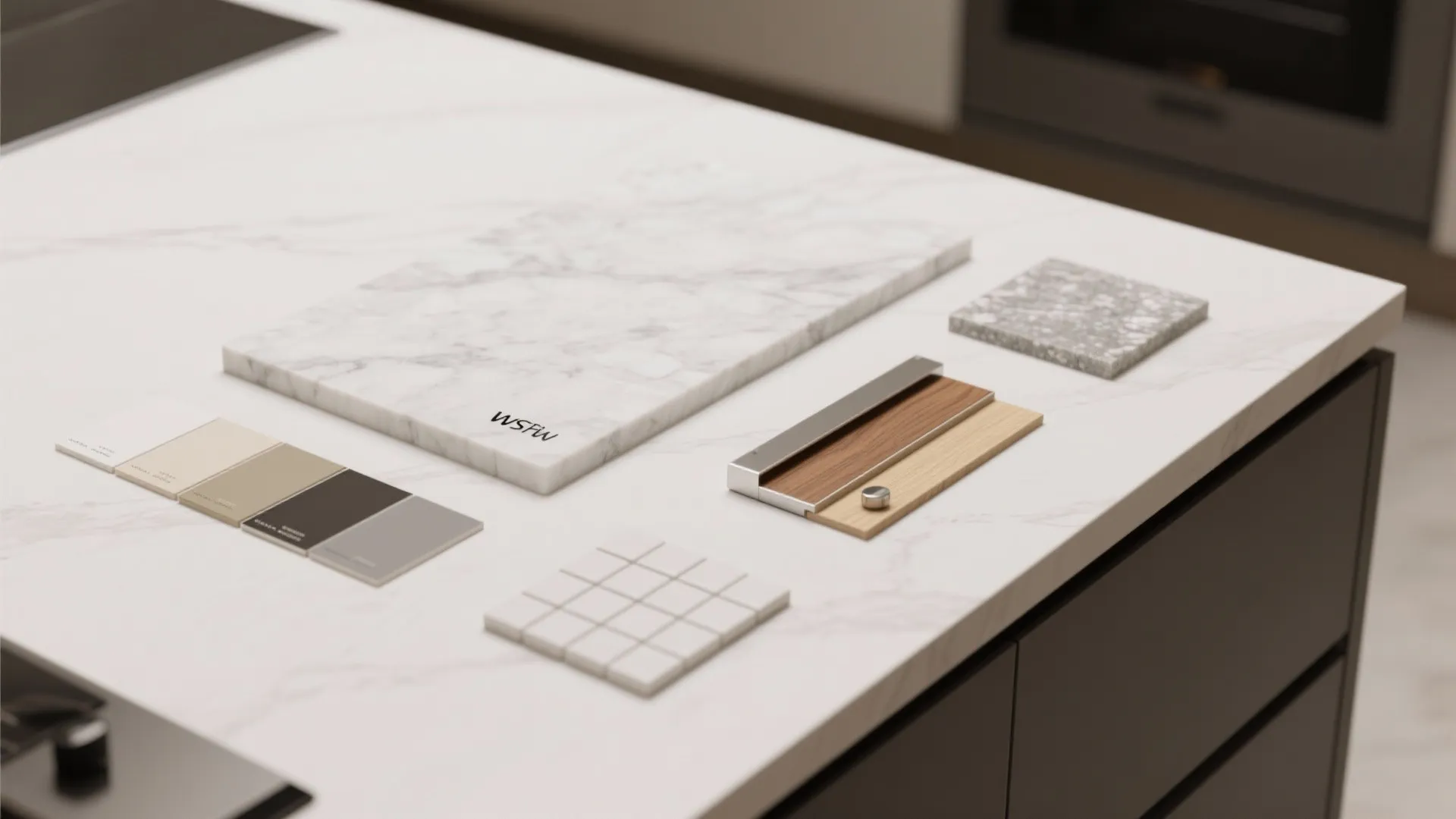 Interior design material samples including marble wood tile and color swatches on a white counter