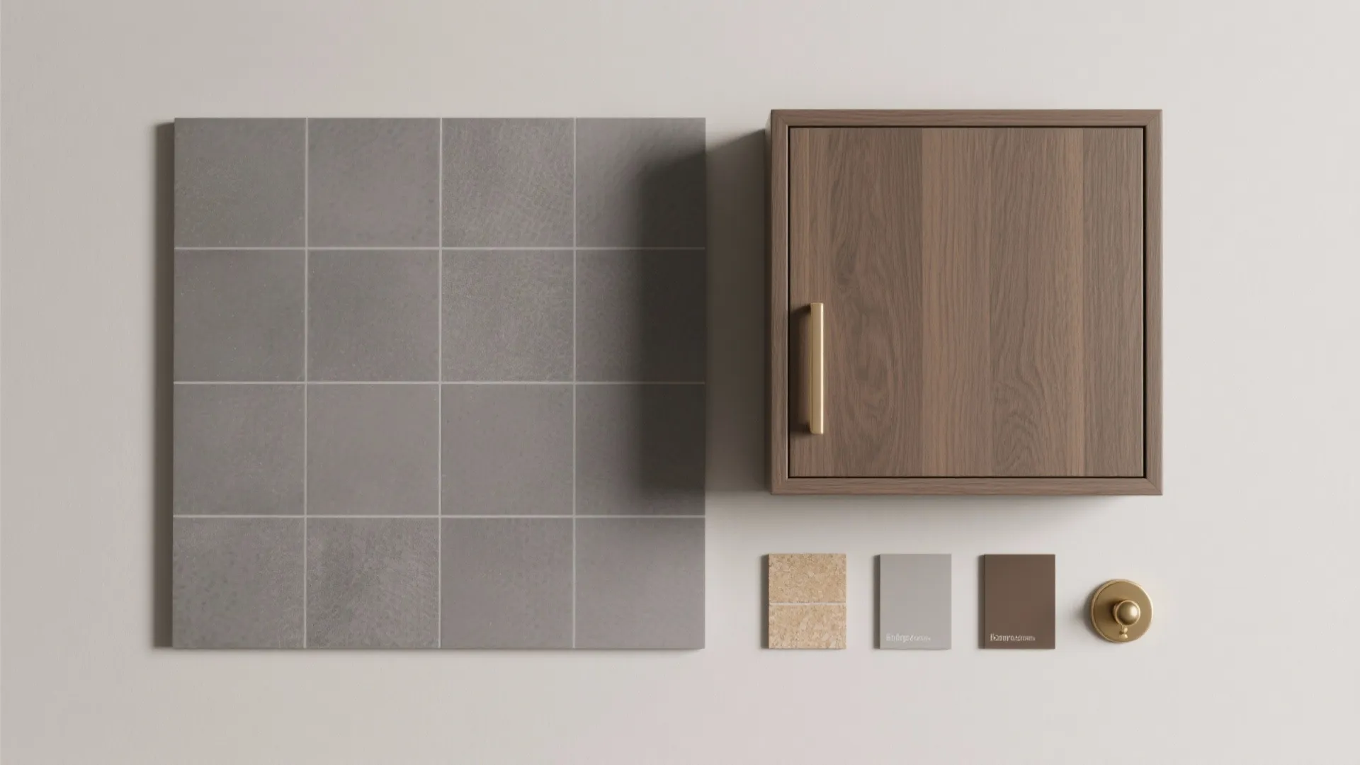Flatlay of grey tile, wood-effect laminate, grout and hardware samples for budget bathroom planning.