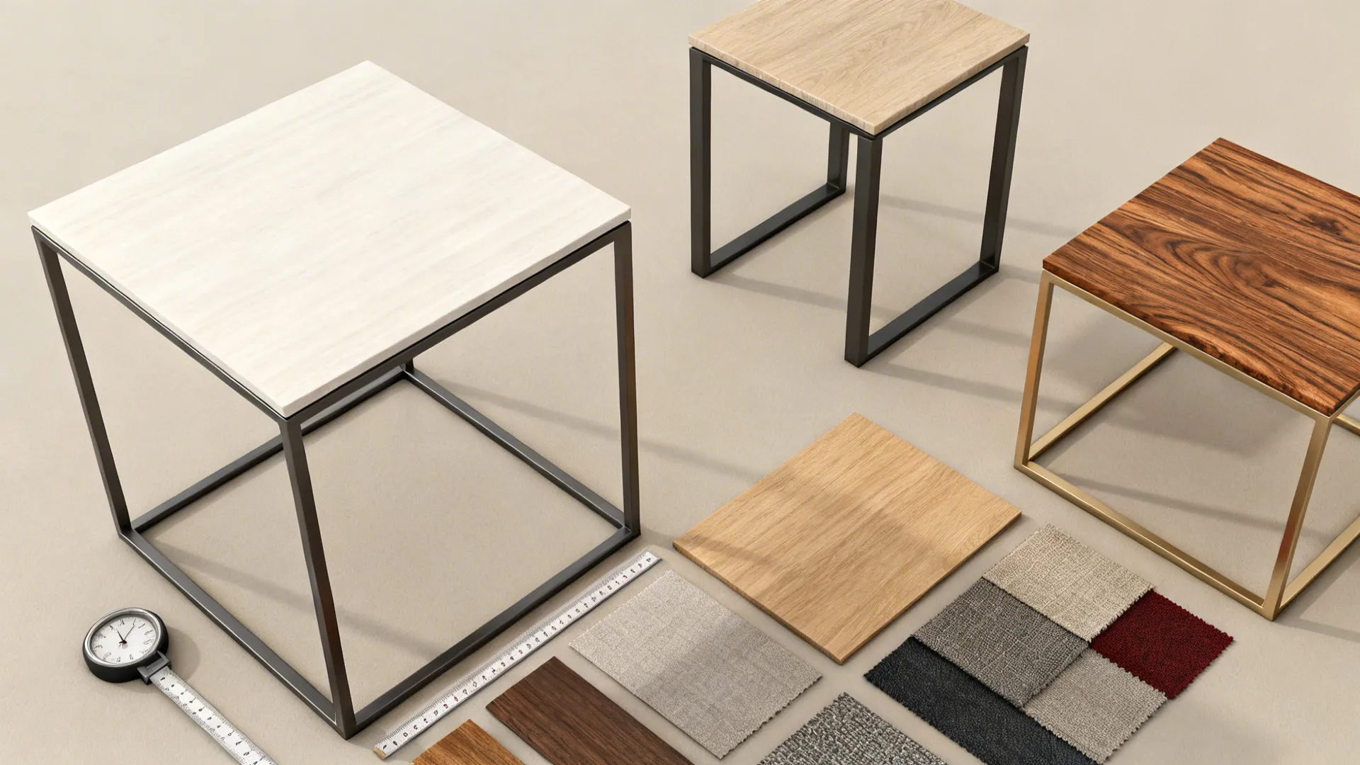 Material samples showing mixed metal frames, laminated tops and wood veneer swatches for end tables.