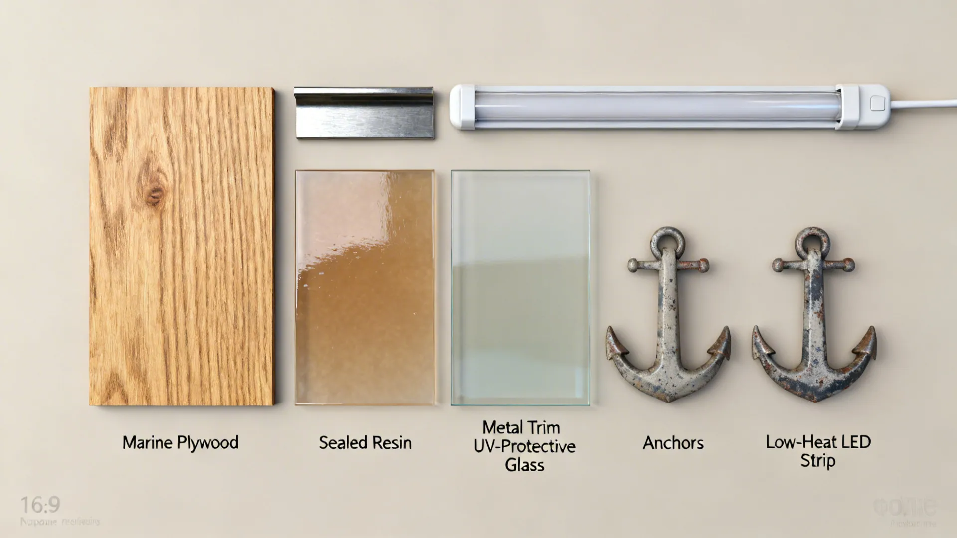 Flatlay of material samples including marine plywood, resin swatch, metal trim, UV glass sample, anchors and LED strip for 3D wall art planning.