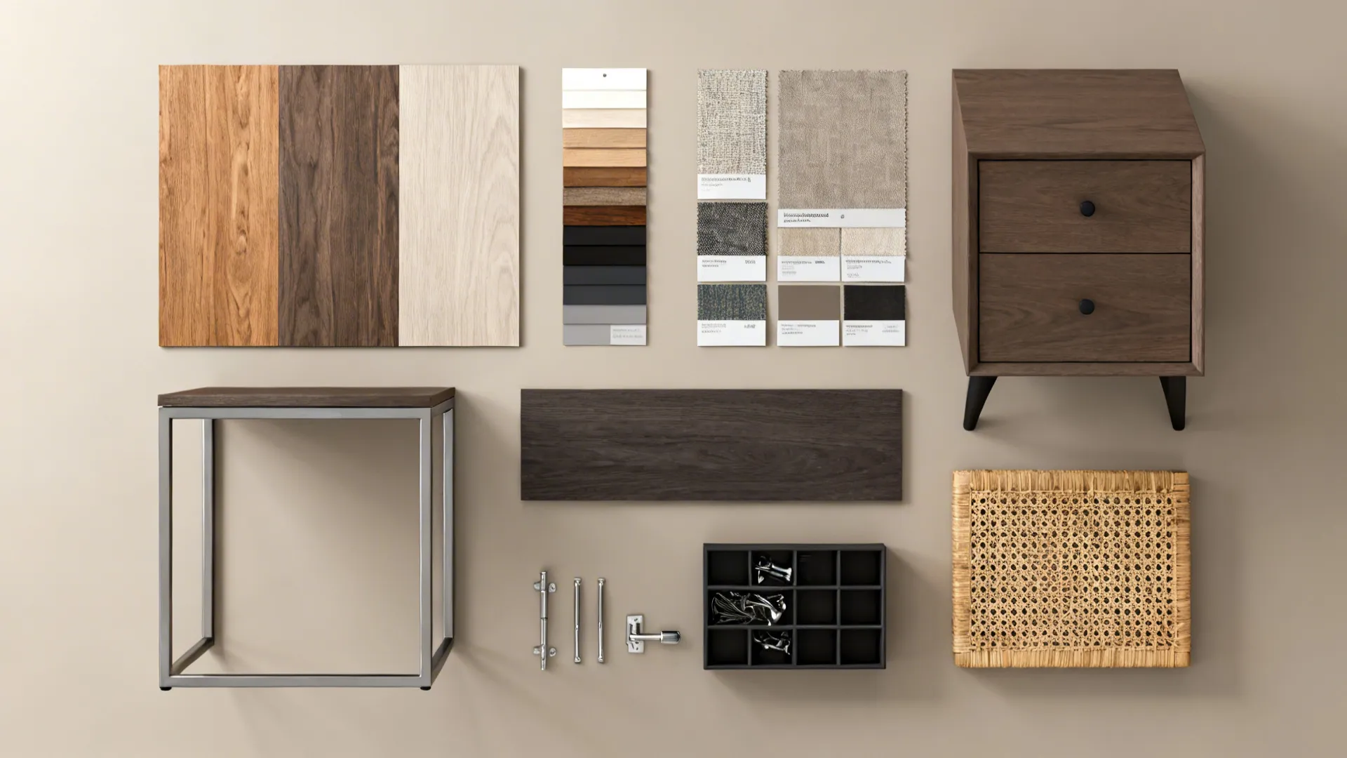 Flatlay of wood, metal, rattan and upholstery fabric samples for selecting side table materials.
