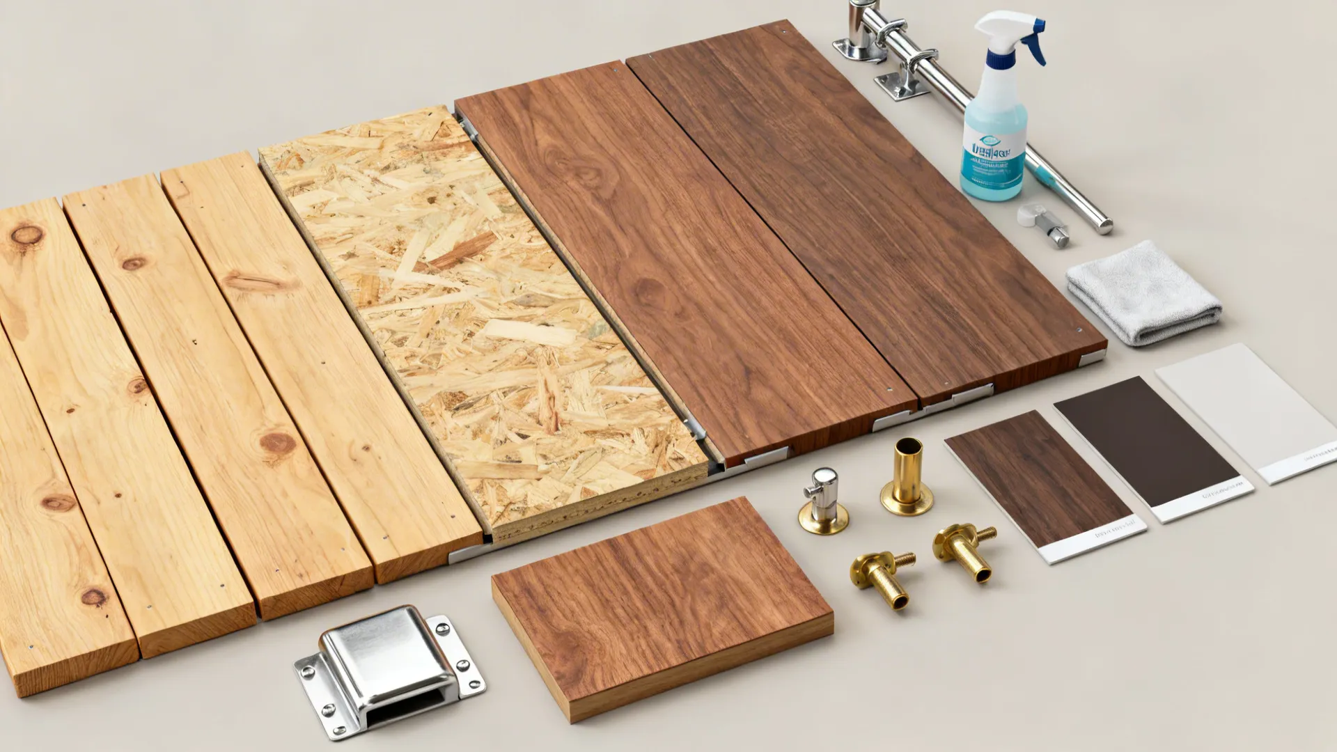 Material samples for expandable tables including pine, engineered wood, hardwood, and metal fittings