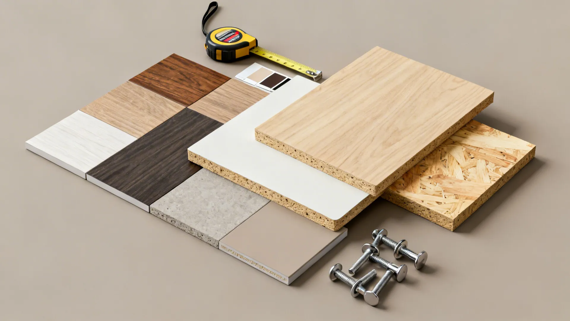 Top-down flatlay of laminate, painted MDF and plywood veneer samples with color chips and measuring tape.