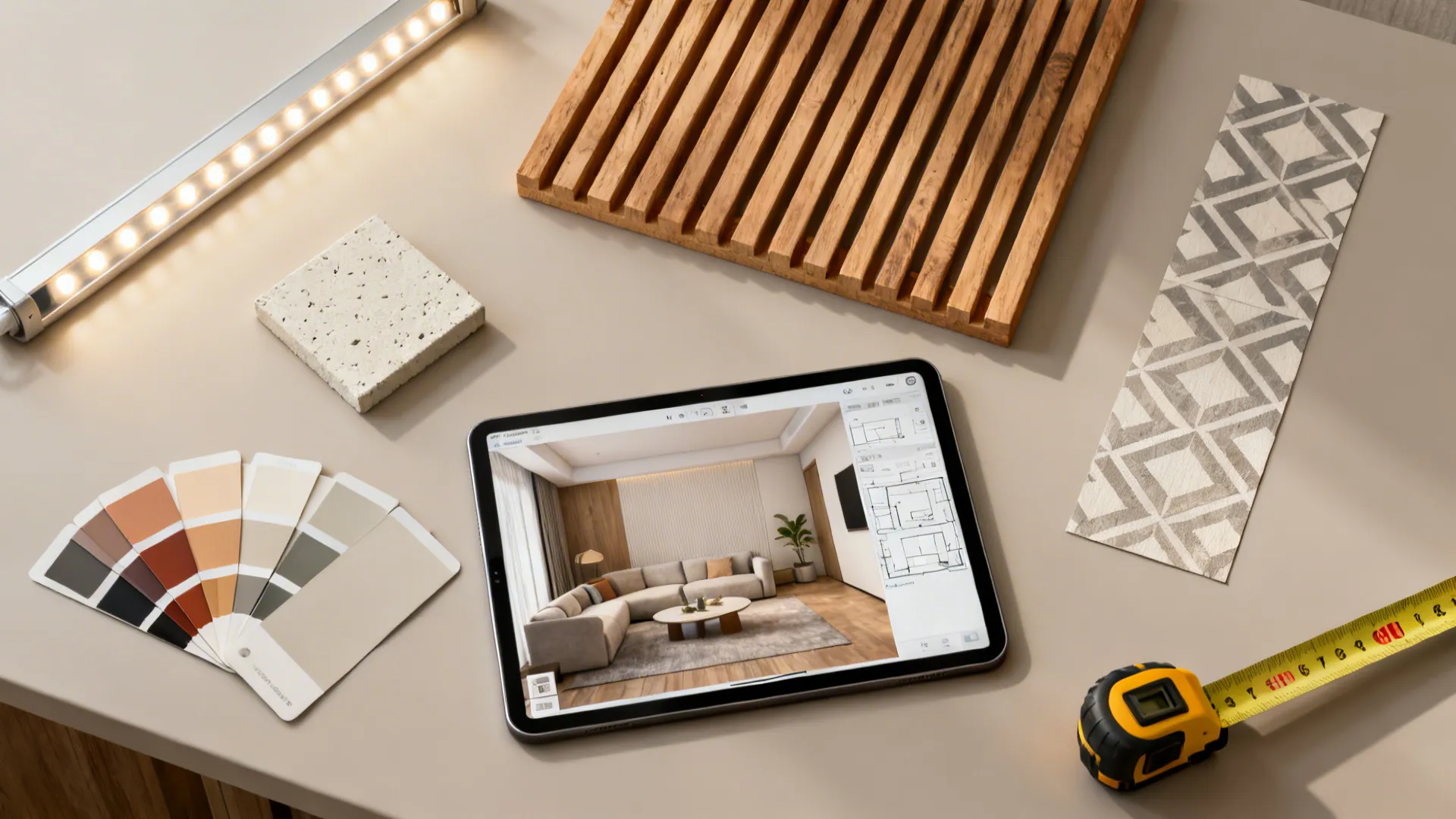 Flatlay of accent wall material samples: swatches for plaster, wood slat, wallpaper, and LEDs with a tablet planner.
