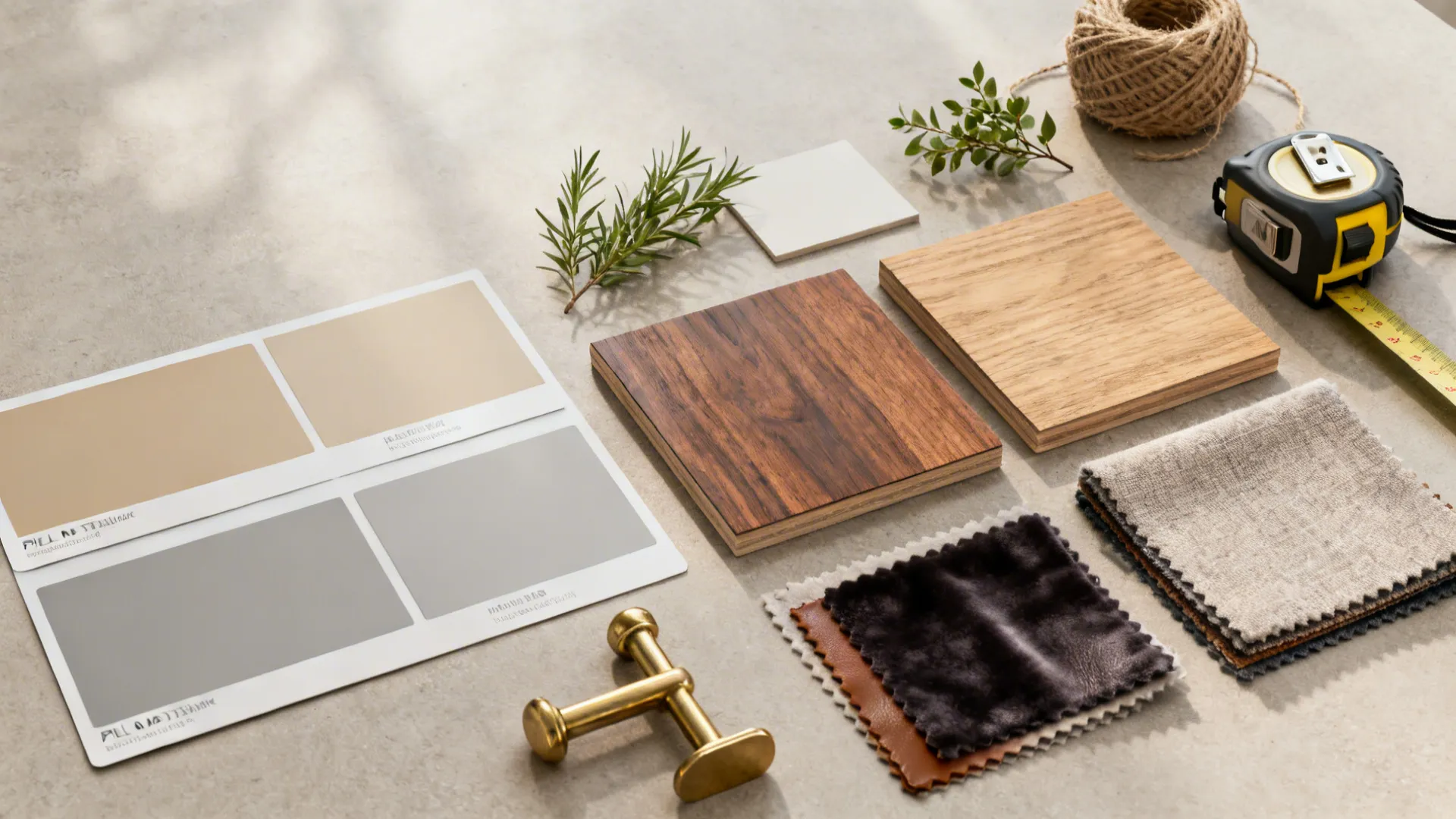 Flatlay of paint chips, wood and fabric swatches, and material samples for choosing gray and brown pairings.